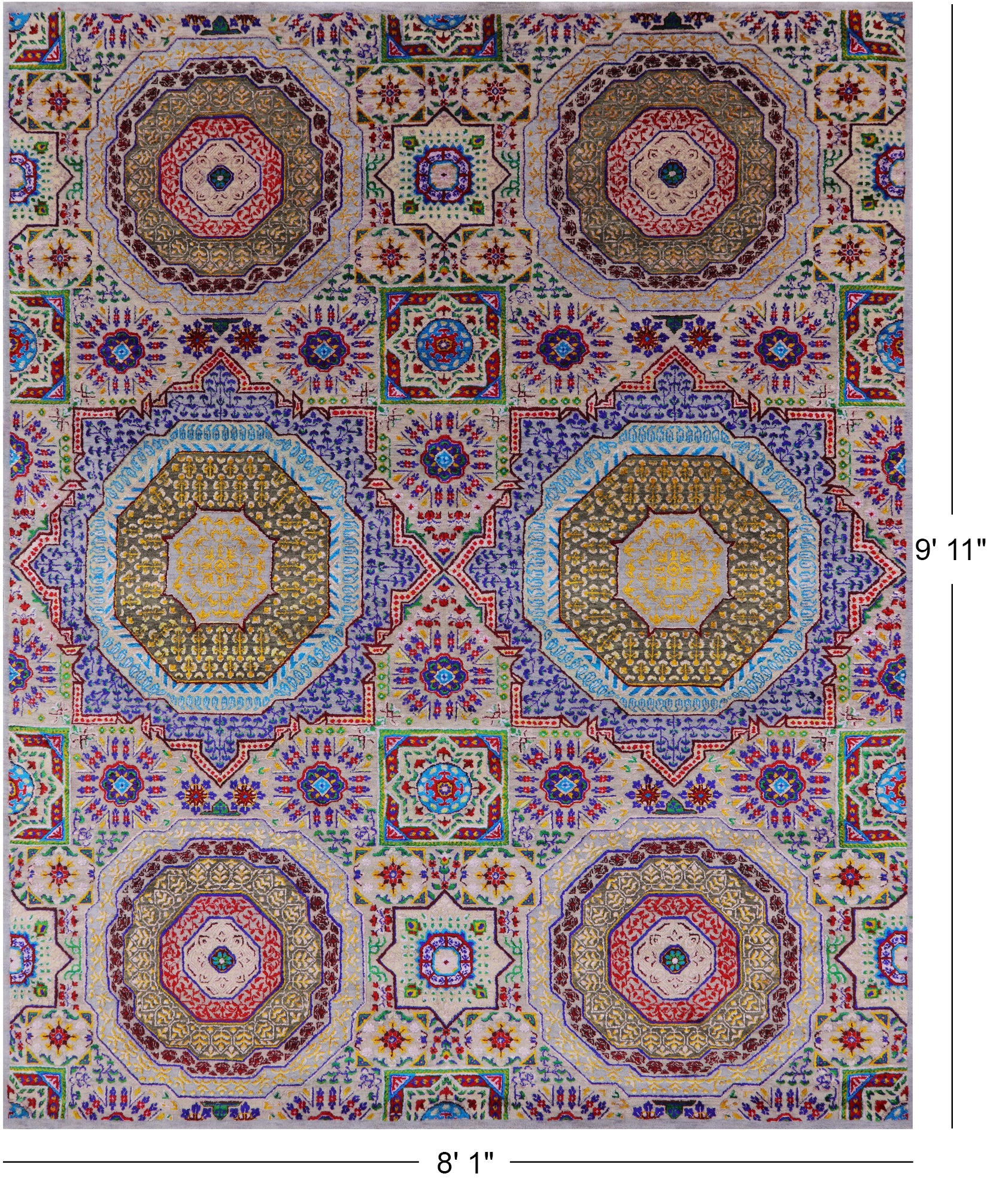 Geometric Persian Mamluk Hand Knotted Wool & Silk Rug - 8' 1" X 9' 11" - Golden Nile