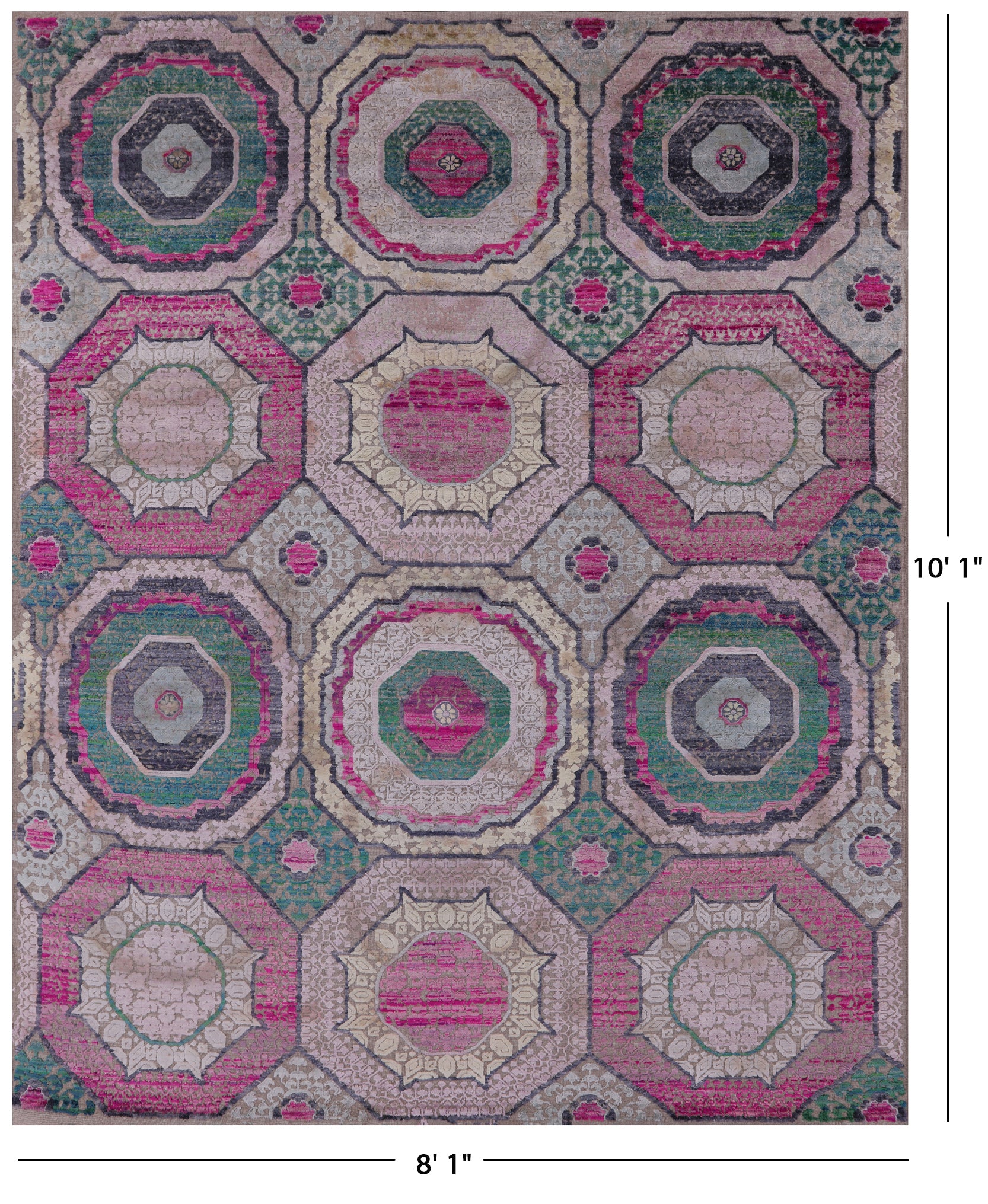 Geometric Persian Mamluk Handmade Wool & Silk Rug - 8' 1" X 10' 1" - Golden Nile