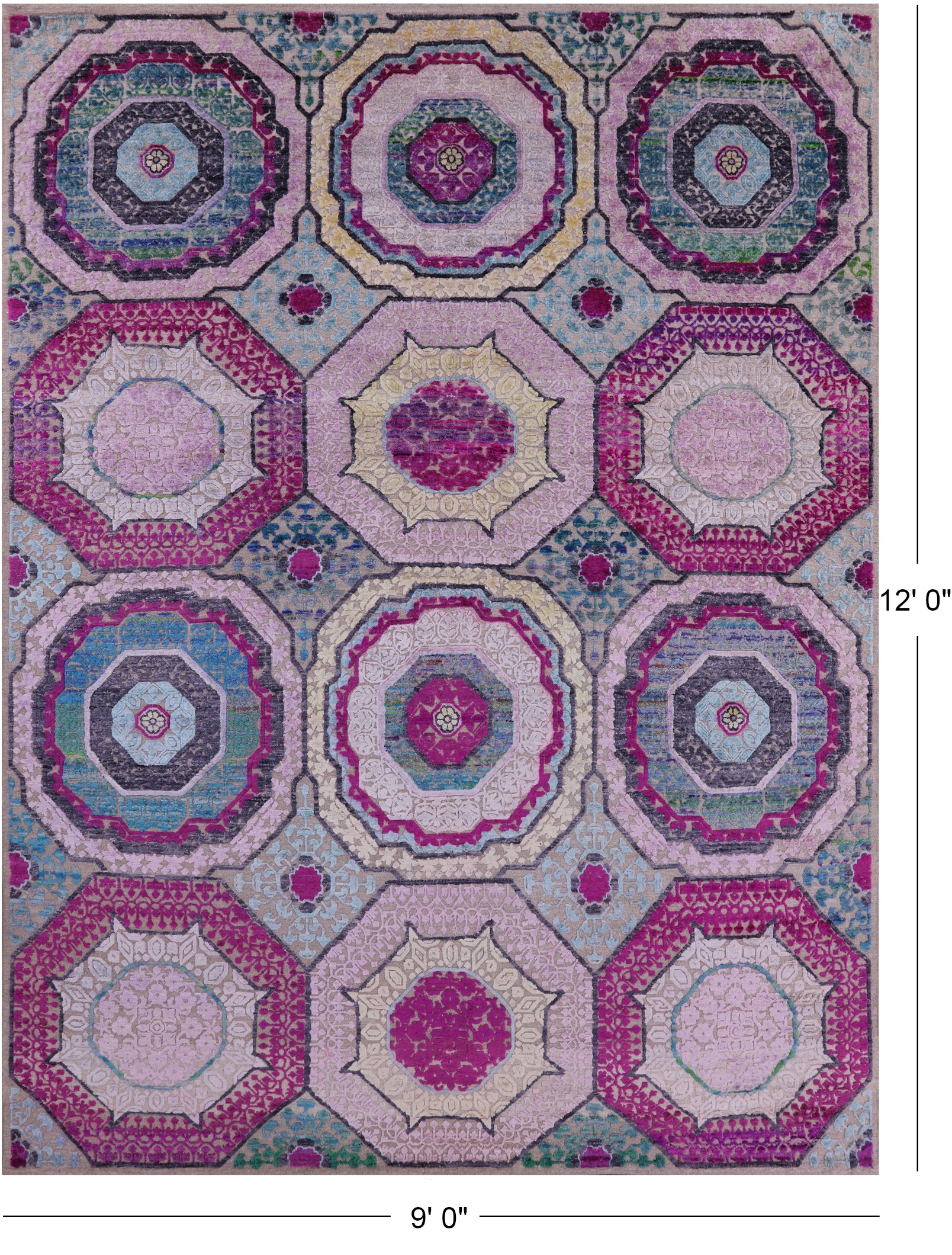 Geometric Persian Mamluk Handmade Wool & Silk Rug - 9' 0" X 12' 0" - Golden Nile
