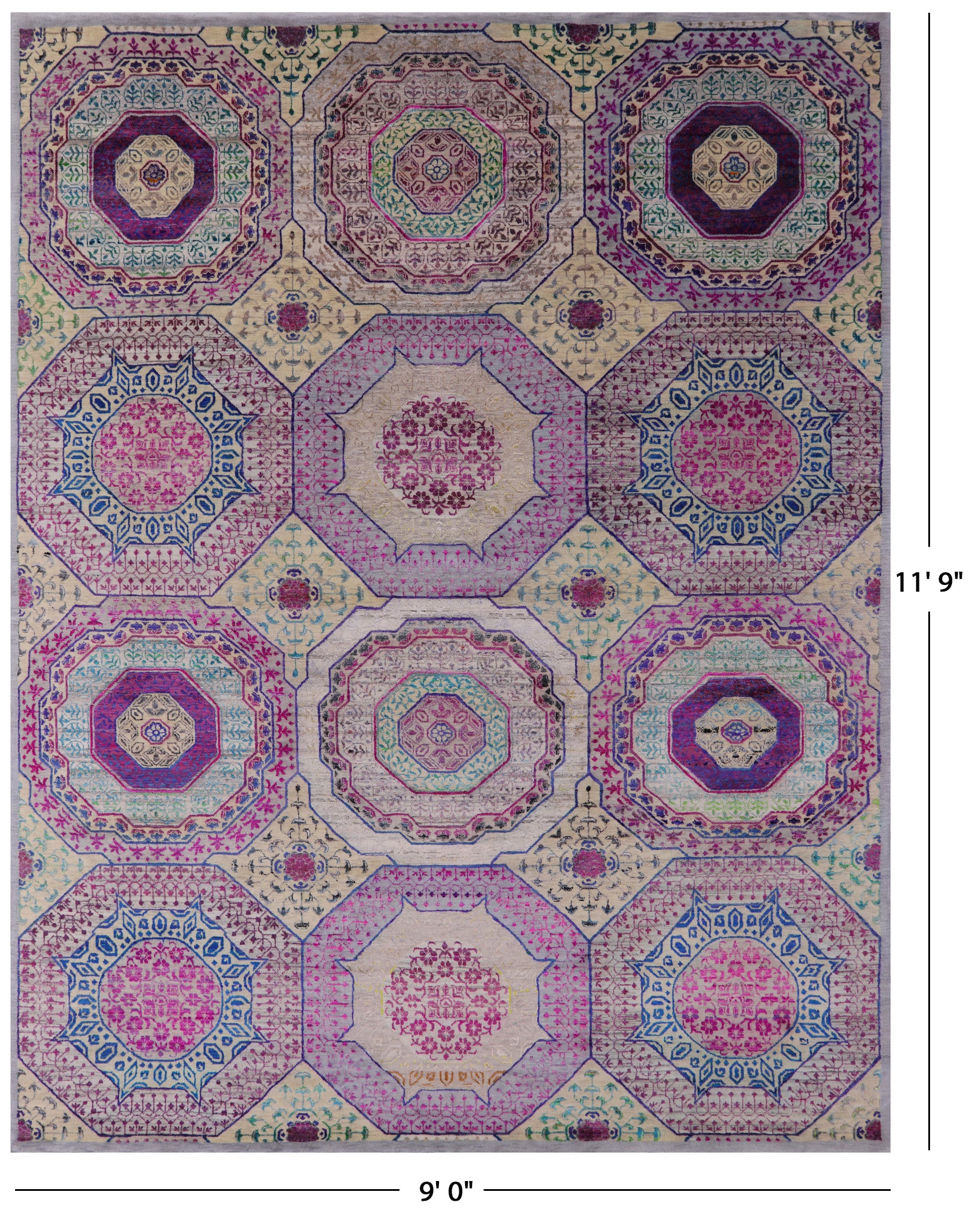 Geometric Persian Mamluk Hand Knotted Wool & Silk Rug - 9' 0" X 11' 9" - Golden Nile