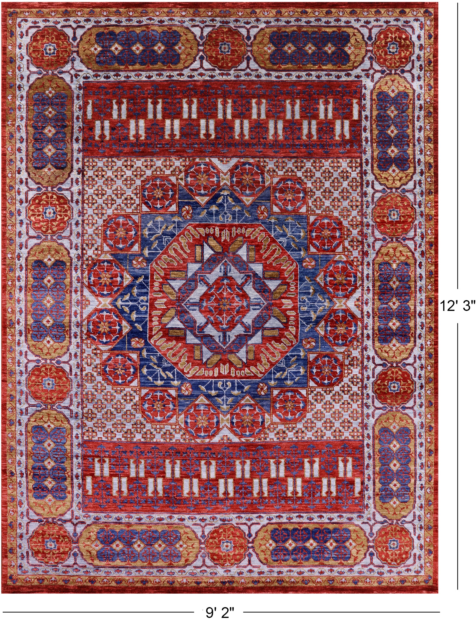 Red Geometric Persian Mamluk Hand Knotted Wool Rug - 9' 2" X 12' 3" - Golden Nile