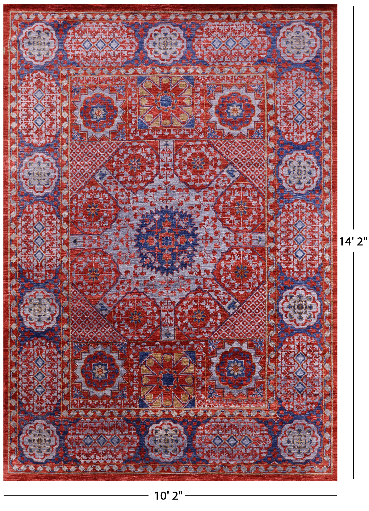 Red Geometric Persian Mamluk Hand Knotted Wool Rug - 10' 2" X 14' 2" - Golden Nile