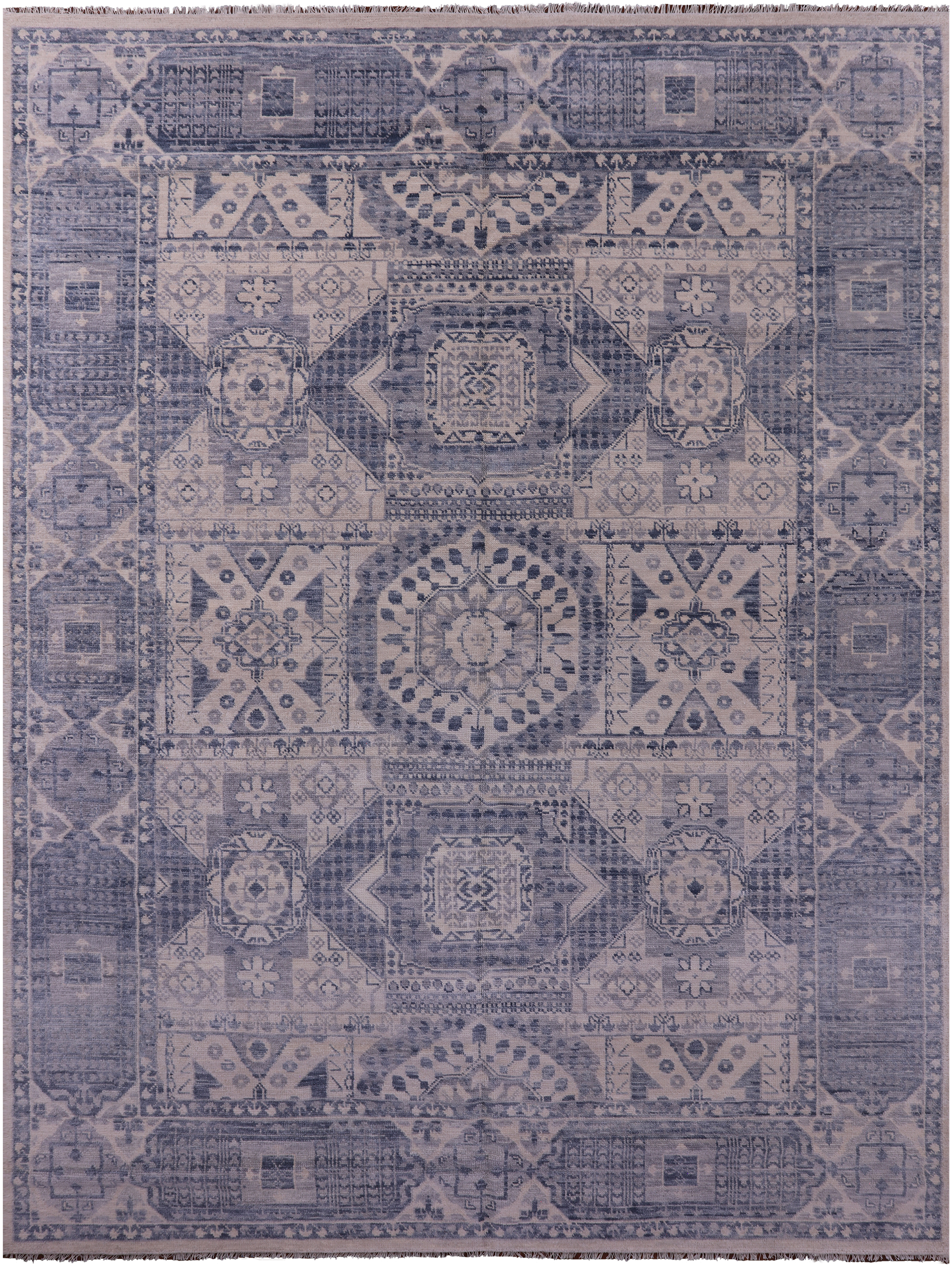 Ivory Geometric Persian Mamluk Hand Knotted Wool Rug - 9' 0" X 12' 3" - Golden Nile
