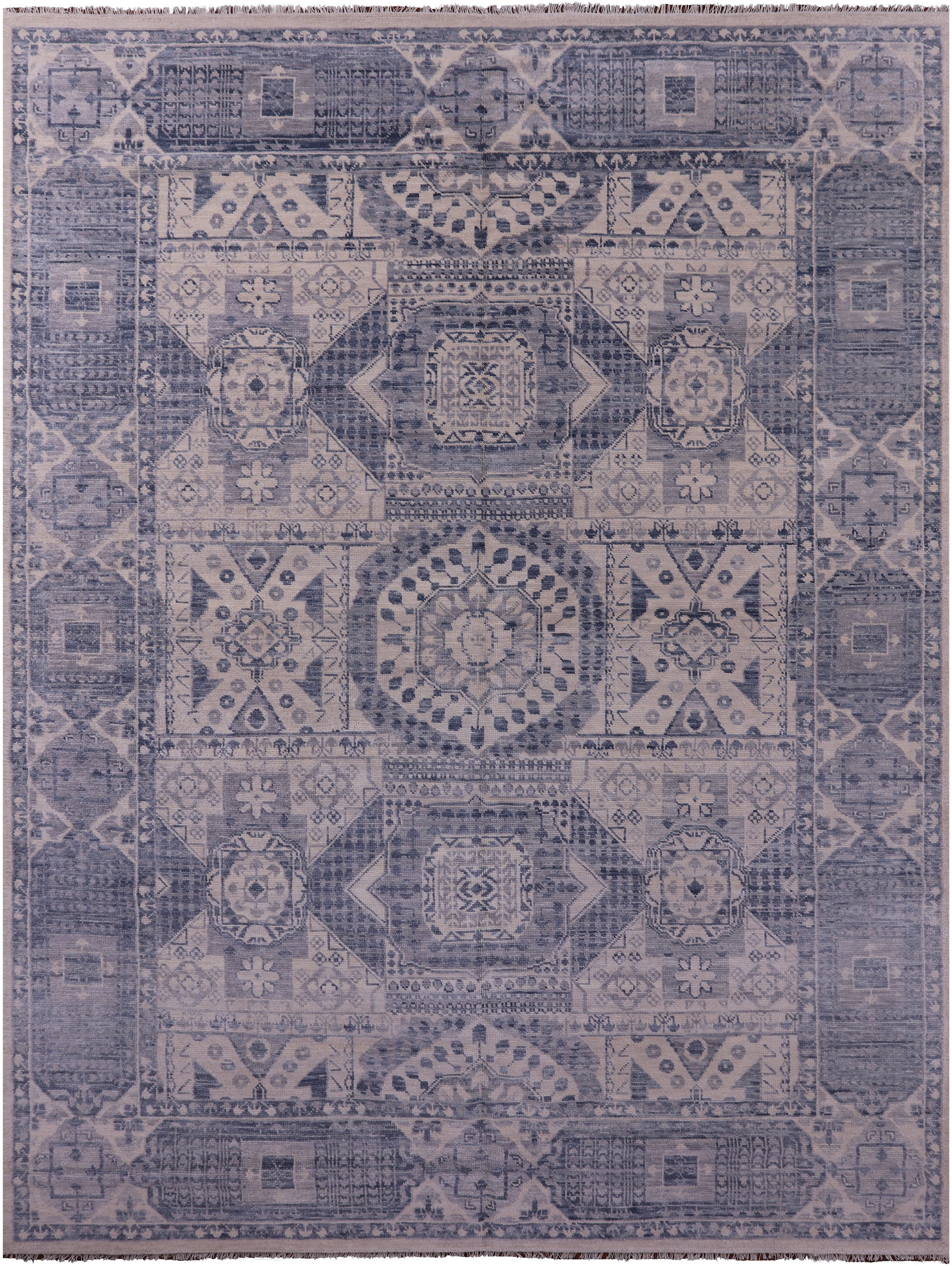 Ivory Geometric Persian Mamluk Hand Knotted Wool Rug - 9' 0" X 12' 3" - Golden Nile