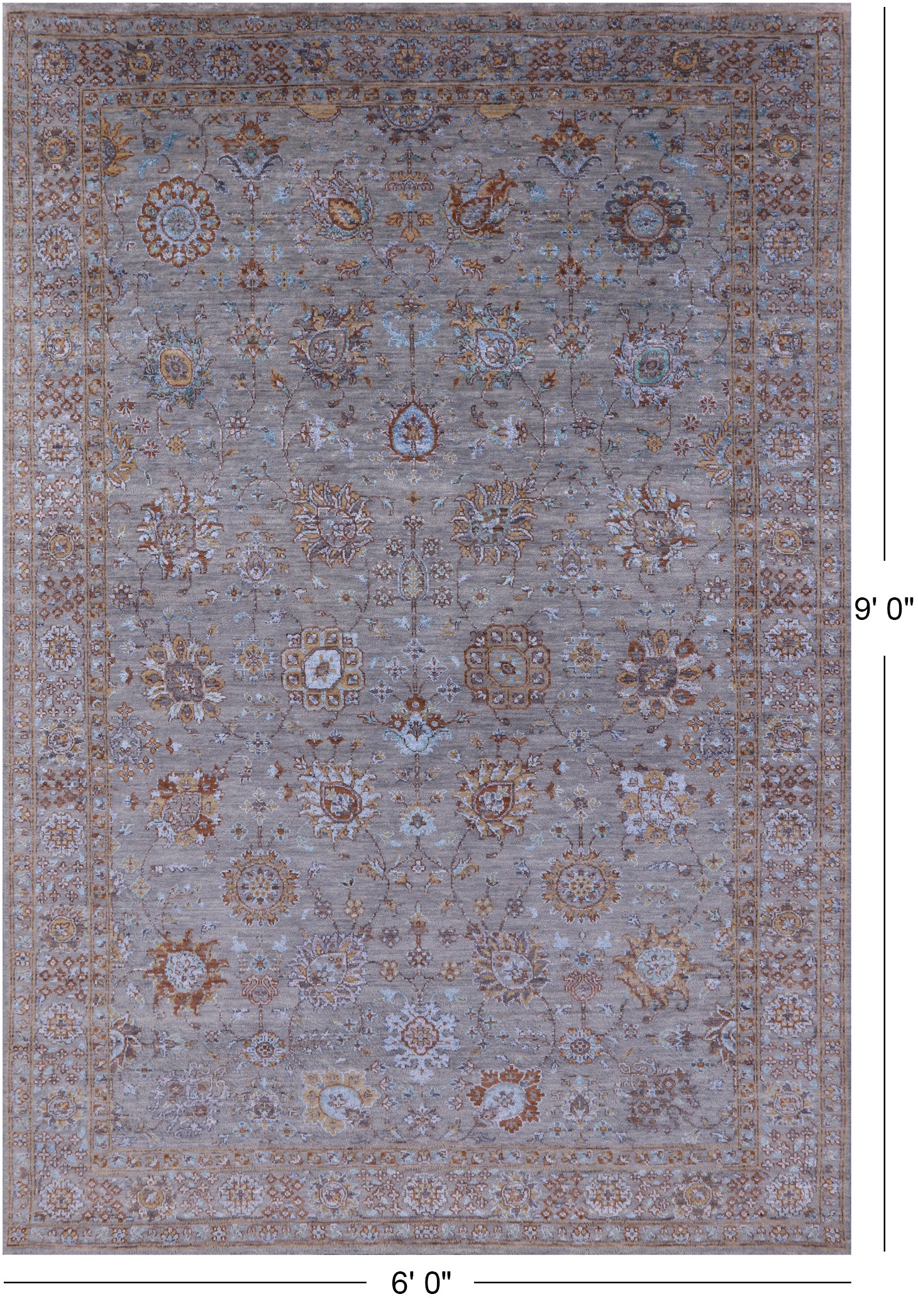 Grey Persian Hand Knotted Wool & Silk Rug - 6' 0" X 9' 0" - Golden Nile