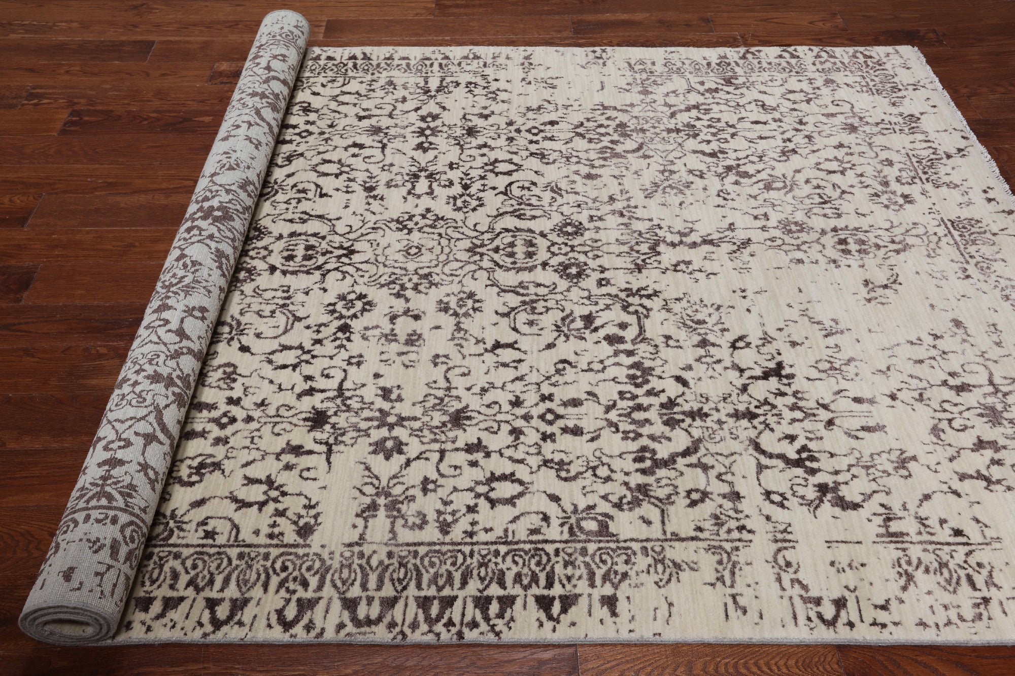 SUPER SALE Ivory Modern Handmade Wool & Silk Rug - 6' 1" X 9' 3"