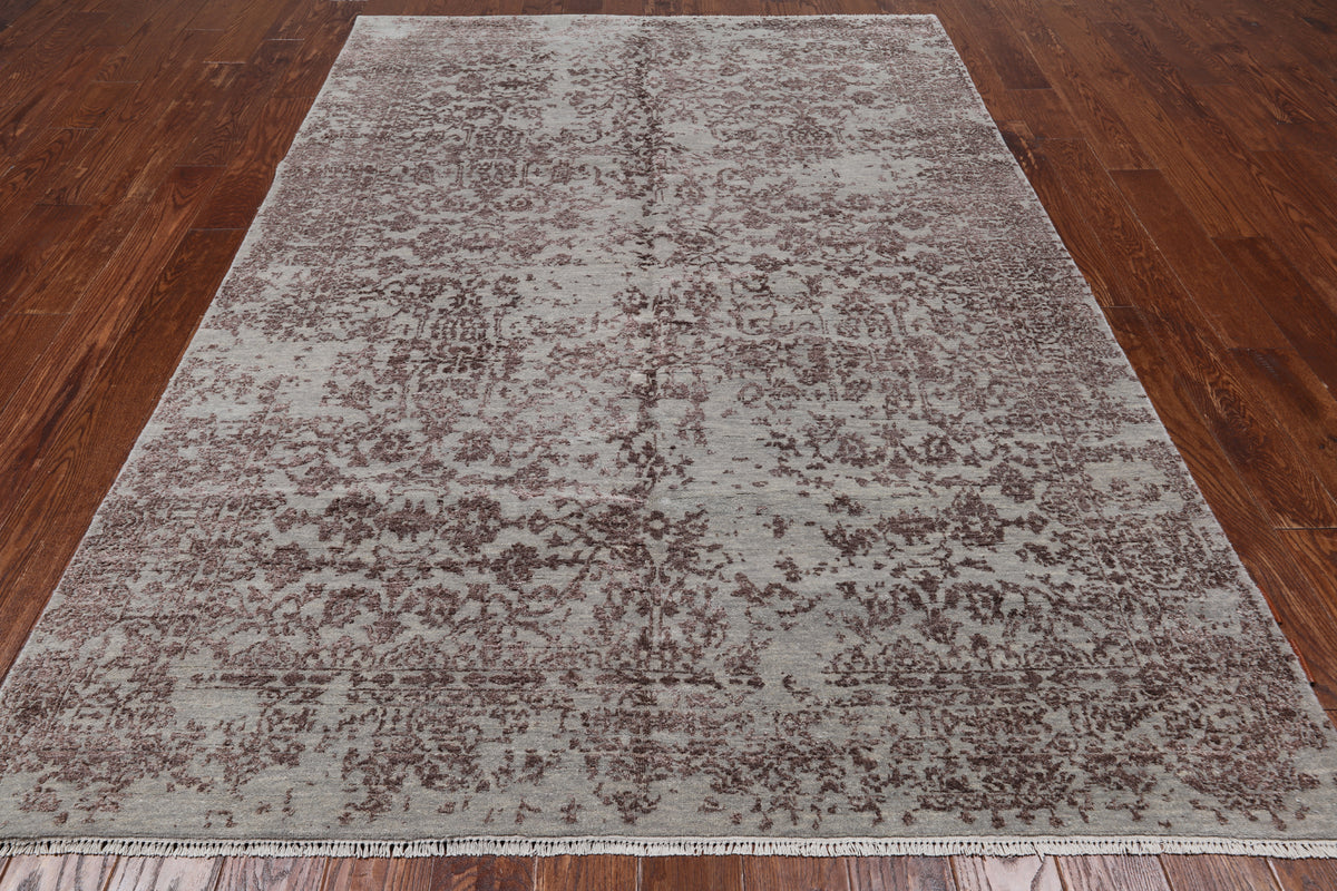 Grey Modern Handmade Wool & Silk Rug - 6' 0" X 9' 2"