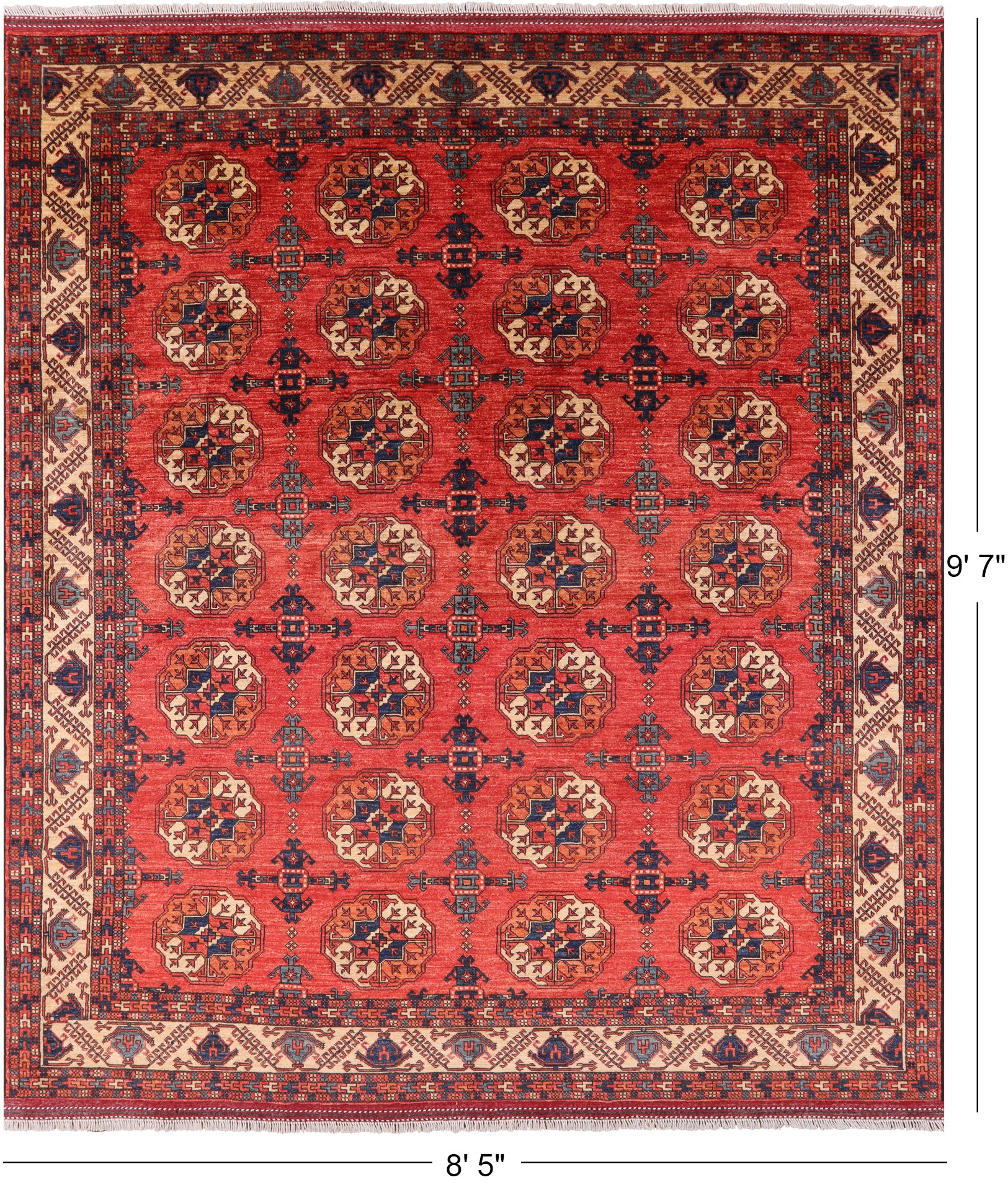 Red Turkmen Ersari Hand Knotted Wool Rug - 8' 5" X 9' 7" - Golden Nile