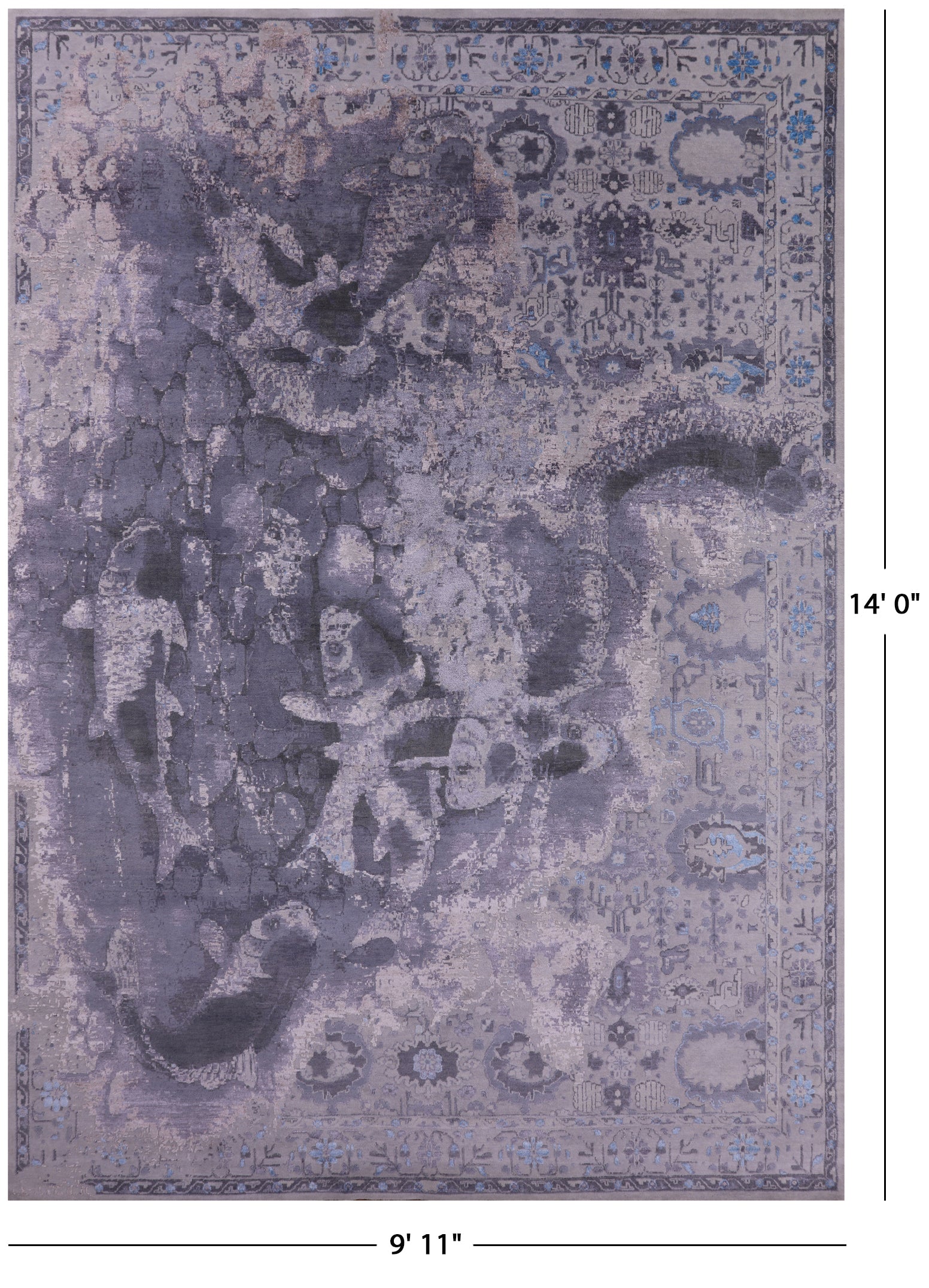 Modern Handmade Wool & Silk Fish Design Rug - 9' 11" X 14' 0" - Golden Nile
