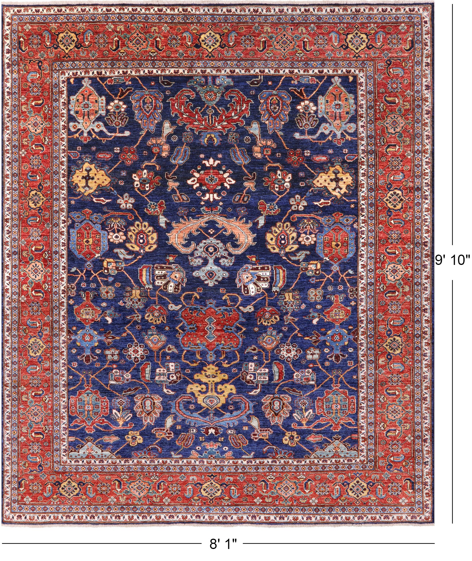 Blue Persian Fine Serapi Handmade Wool Rug - 8' 1" X 9' 10" - Golden Nile