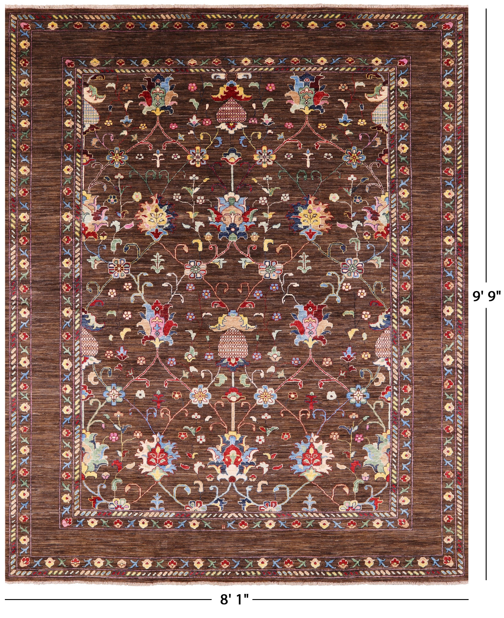 Brown Peshawar Handmade Wool Rug - 8' 1" X 9' 9" - Golden Nile