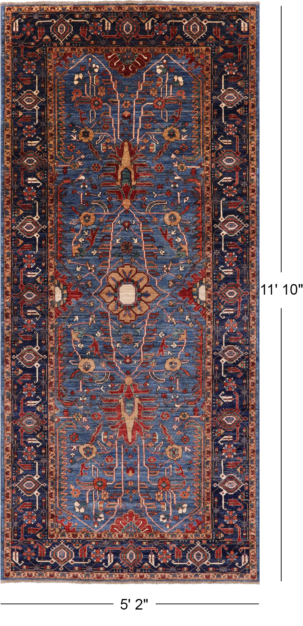 Blue Persian Fine Serapi Hand Knotted Wool Rug - 5' 2" X 11' 10" - Golden Nile