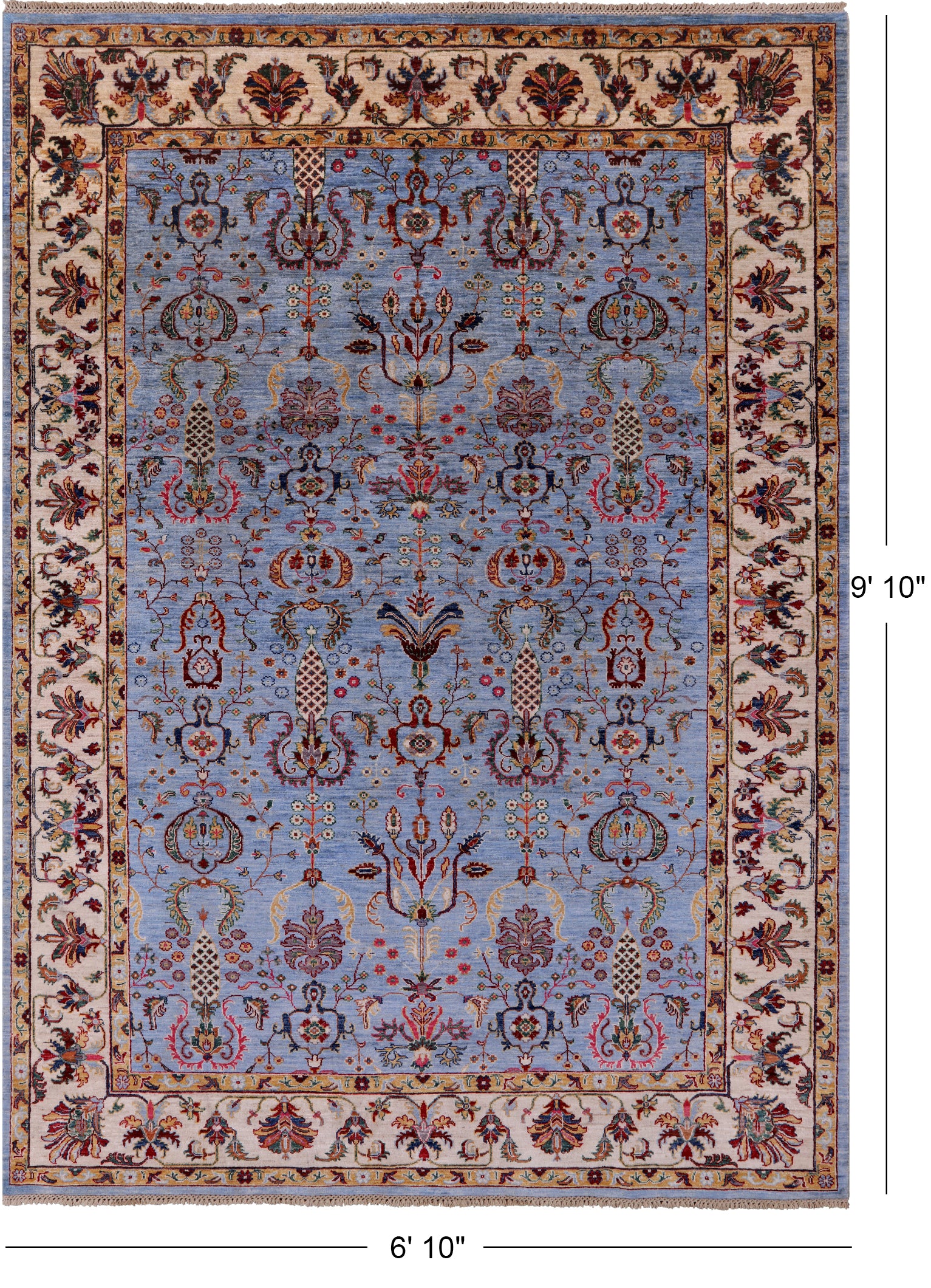 Blue Peshawar Hand Knotted Wool Rug - 6' 10" X 9' 10" - Golden Nile