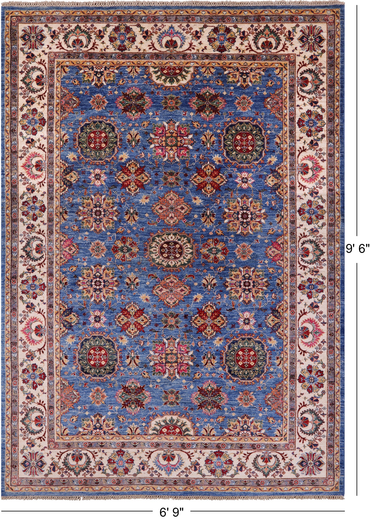 Blue Peshawar Hand Knotted Wool Rug - 6' 9" X 9' 6" - Golden Nile