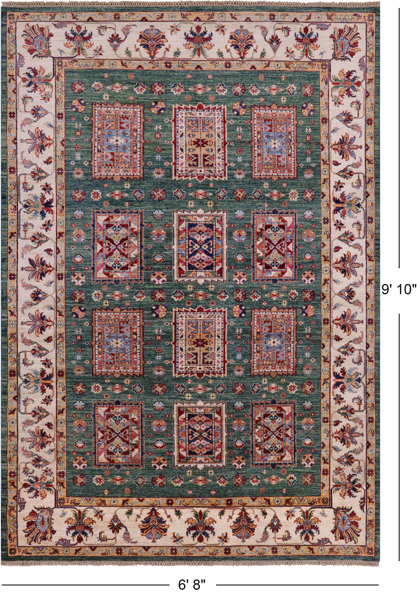 Green Super Kazak Handmade Wool Rug - 6' 8" X 9' 10" - Golden Nile