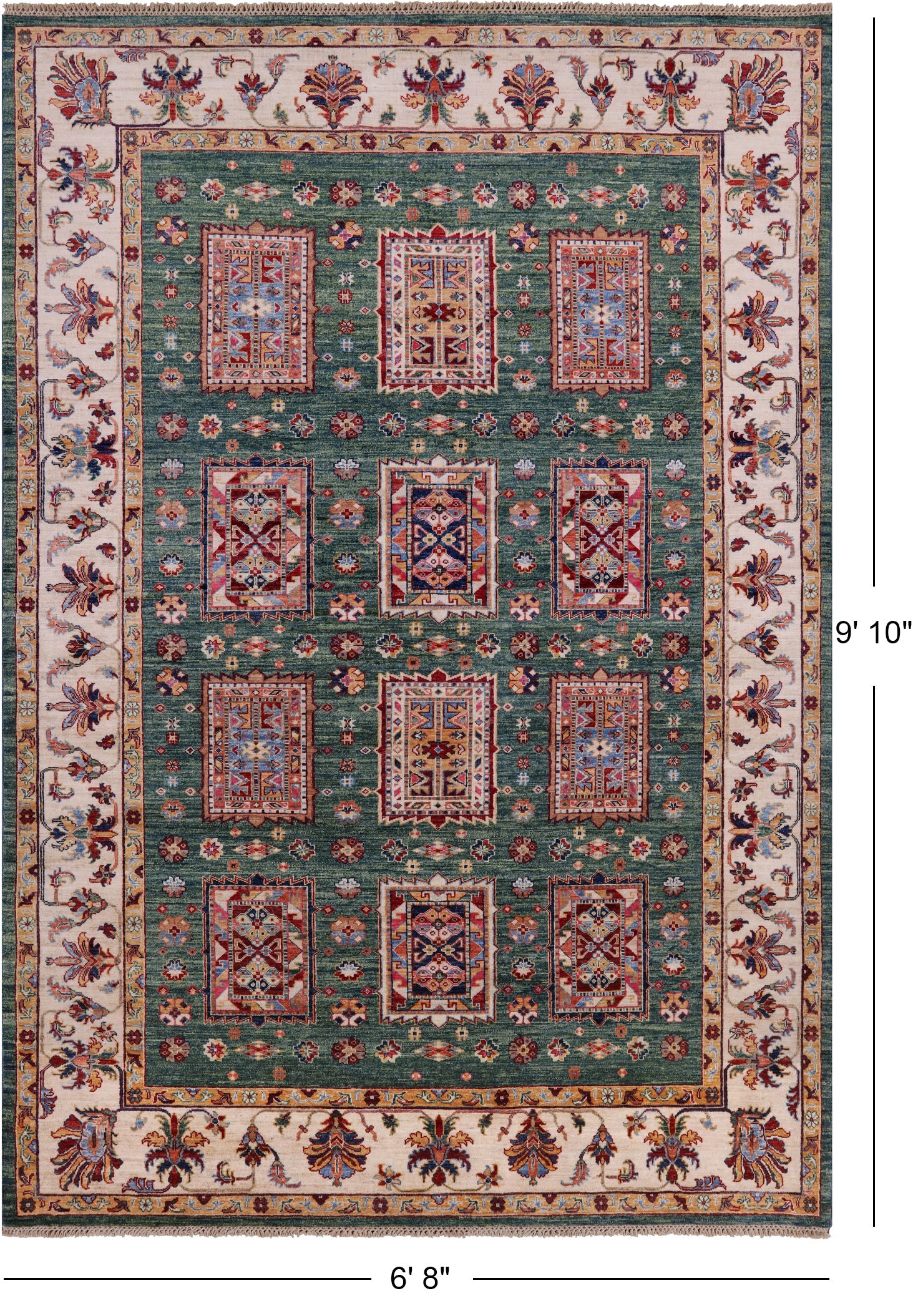 Green Super Kazak Handmade Wool Rug - 6' 8" X 9' 10" - Golden Nile
