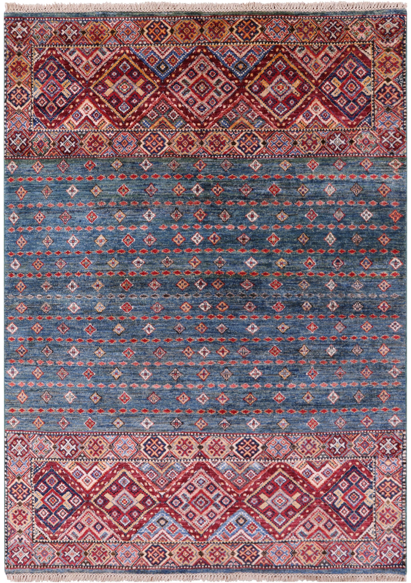 Green Khorjin Persian Gabbeh Hand Knotted Wool Rug - 4' 11" X 6' 9" - Golden Nile