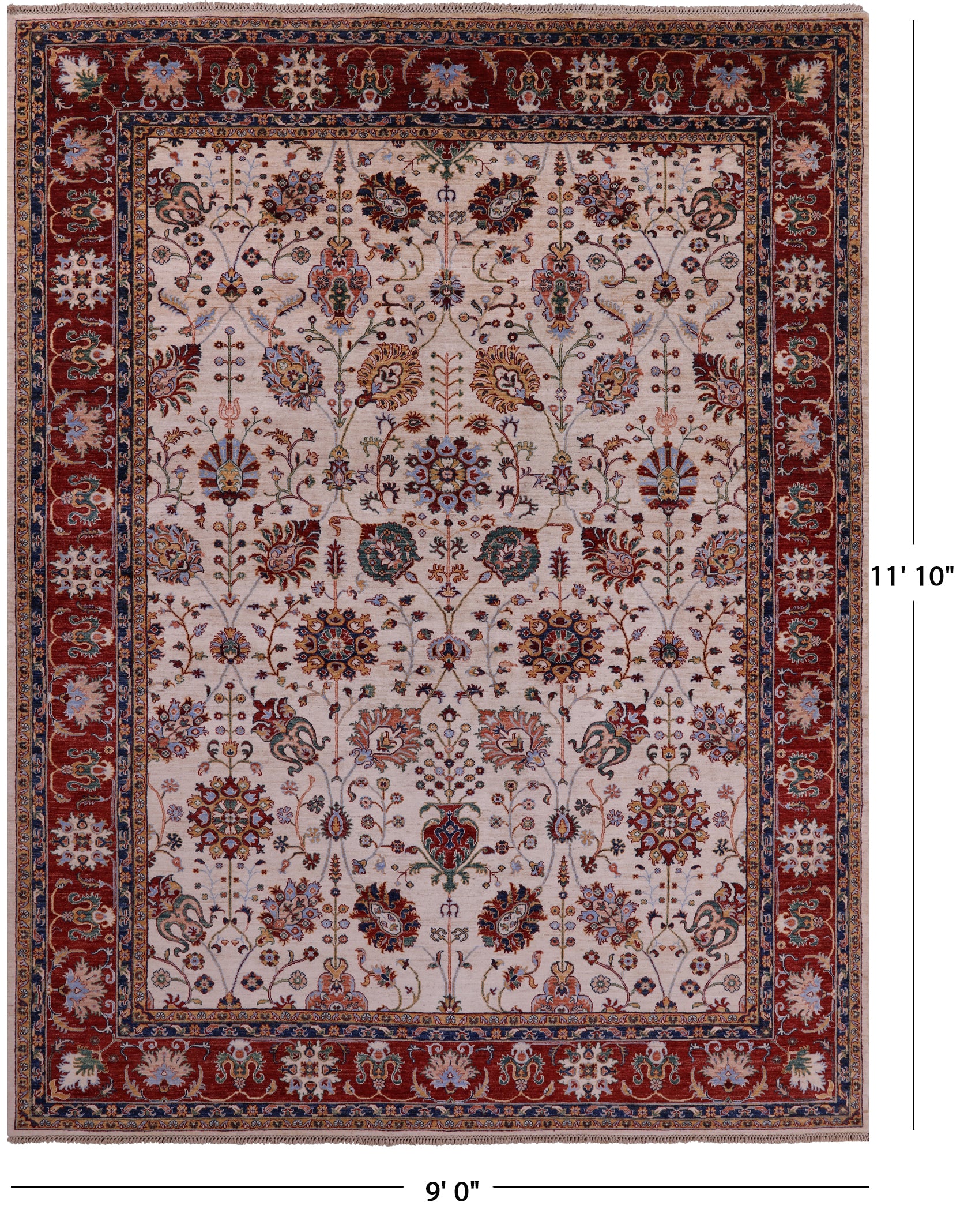 Ivory Peshawar Handmade Wool Rug - 9' 0" X 11' 10" - Golden Nile