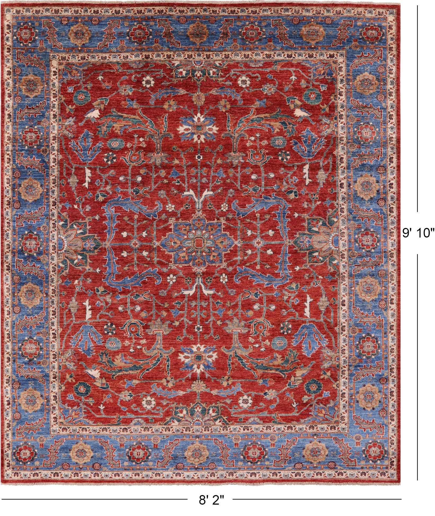 Red Persian Fine Serapi Hand Knotted Wool Rug - 8' 2" X 9' 10" - Golden Nile