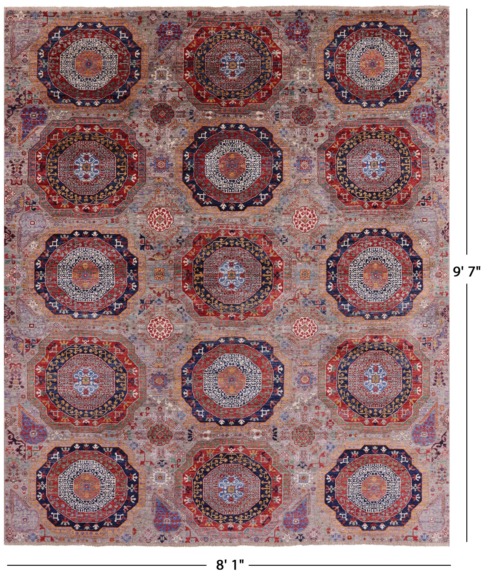 Geometric Persian Mamluk Hand Knotted Wool Rug - 8' 1" X 9' 7" - Golden Nile