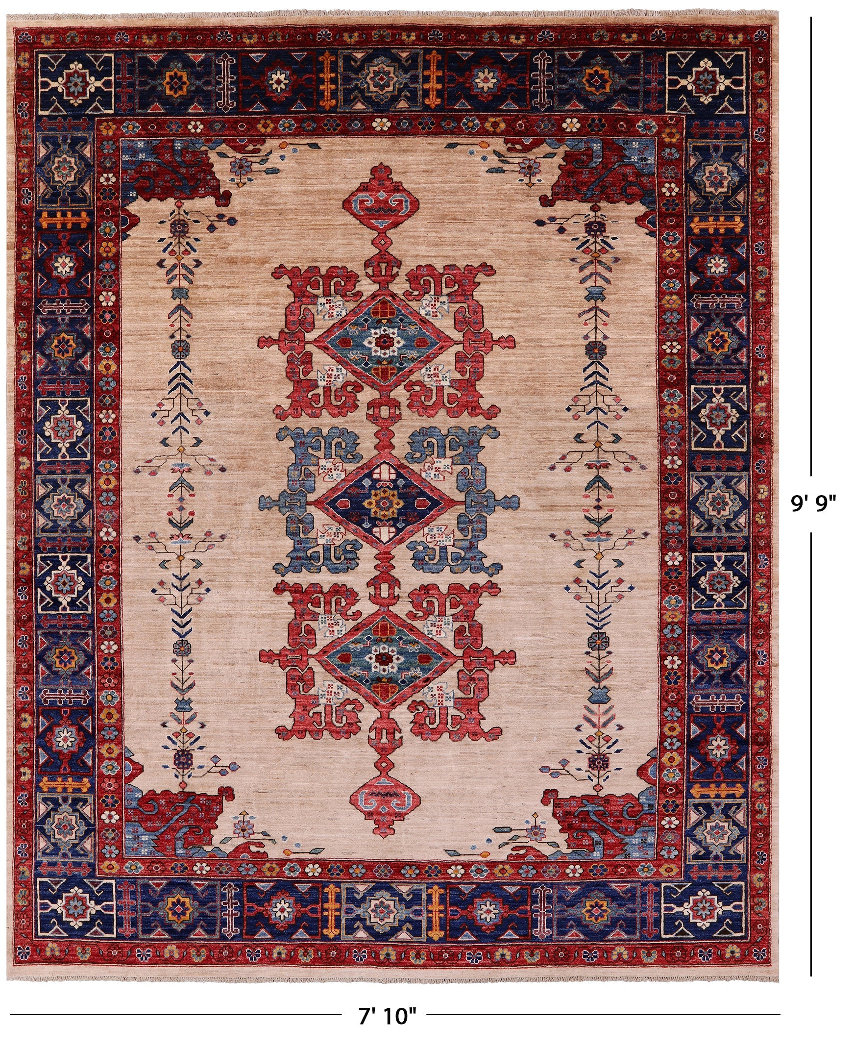 Ivory Persian Fine Serapi Hand Knotted Wool Rug - 7' 10" X 9' 9" - Golden Nile