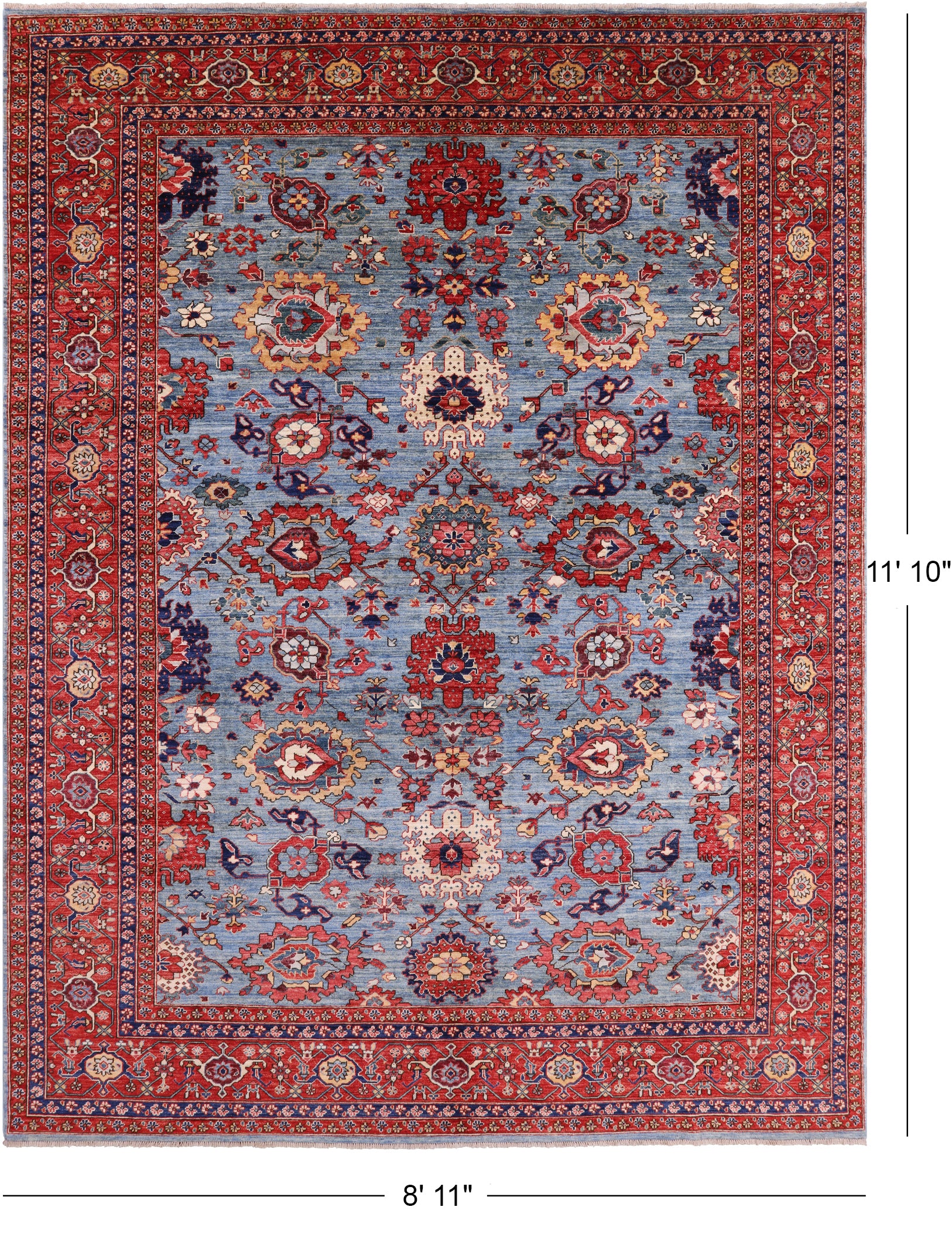 Blue Persian Fine Serapi Hand Knotted Wool Rug - 8' 11" X 11' 10" - Golden Nile