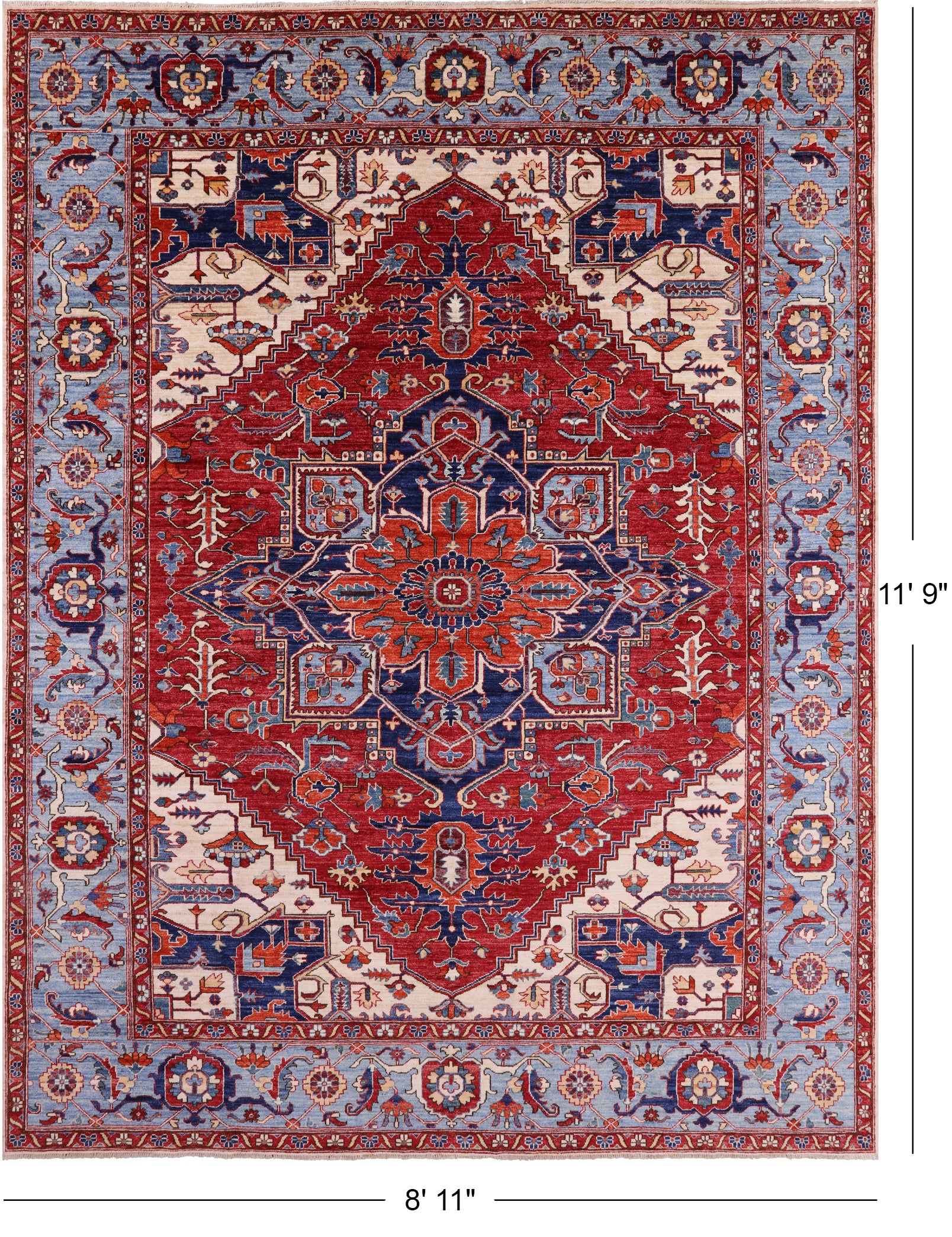 Red Persian Fine Serapi Hand Knotted Wool Rug - 8' 11" X 11' 9" - Golden Nile