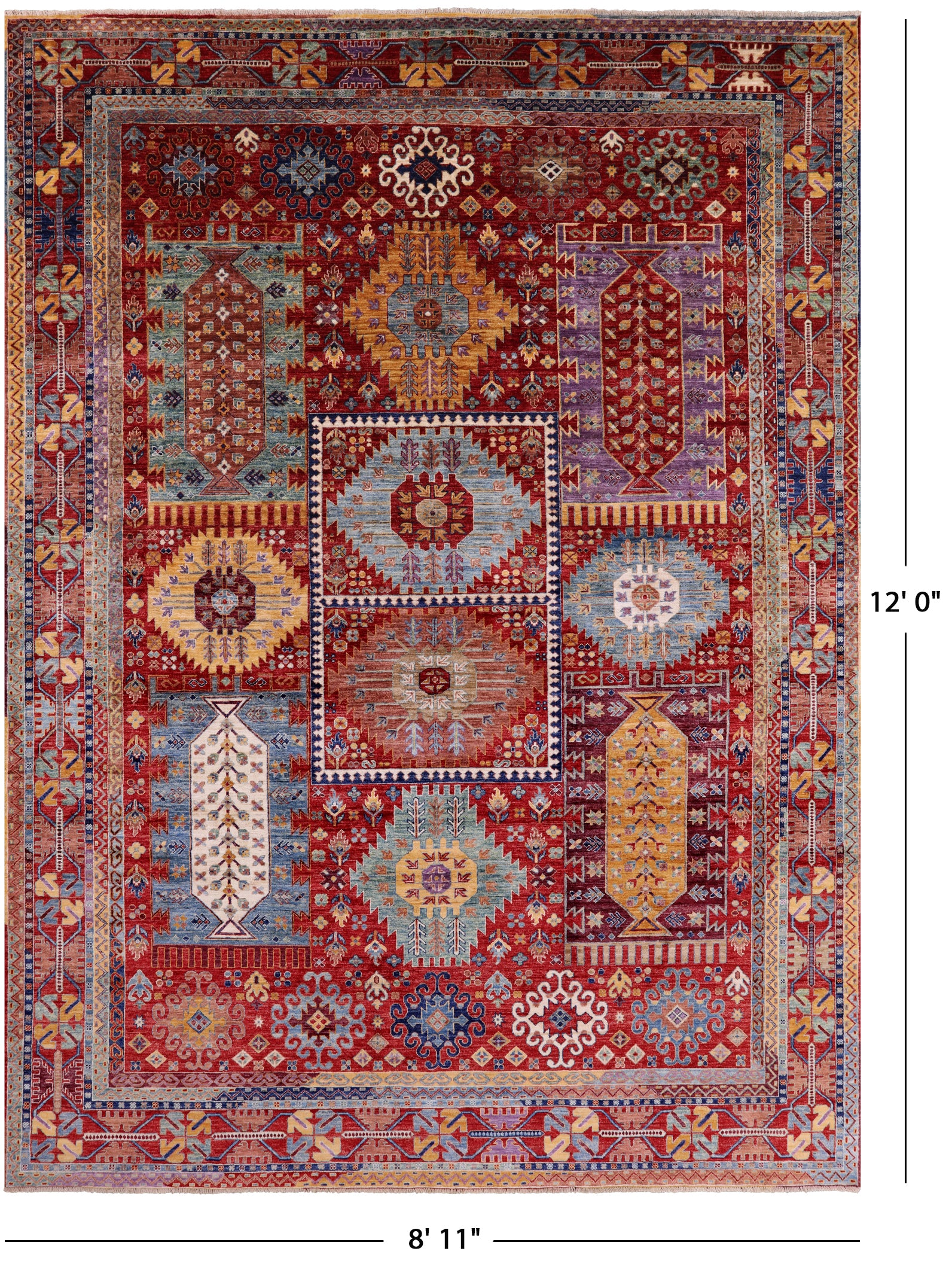 Red Persian Fine Serapi Hand Knotted Wool Rug - 8' 11" X 12' 0" - Golden Nile