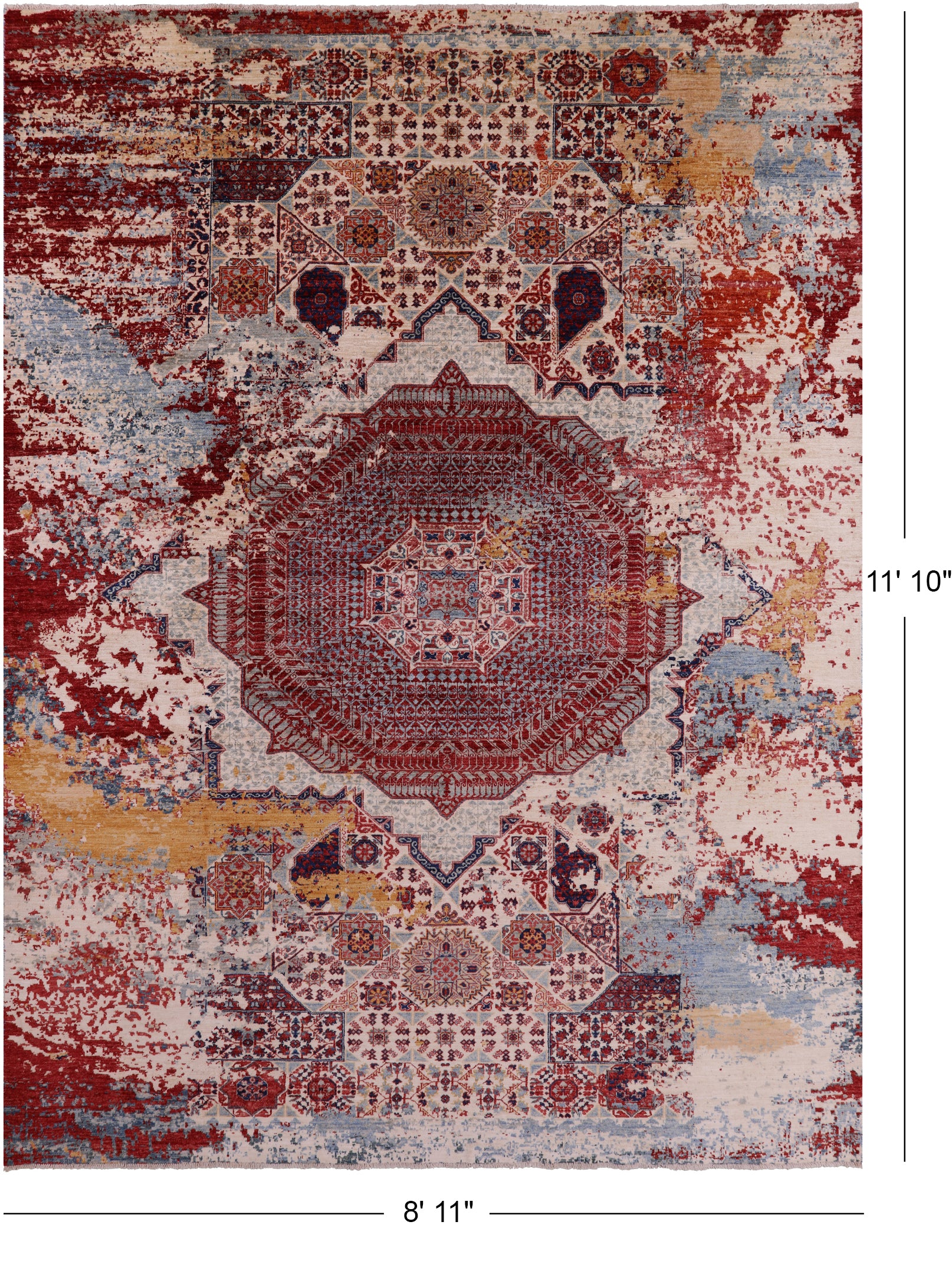 Abstract Modern Mamluk Hand Knotted Wool Rug - 8' 11" X 11' 10" - Golden Nile