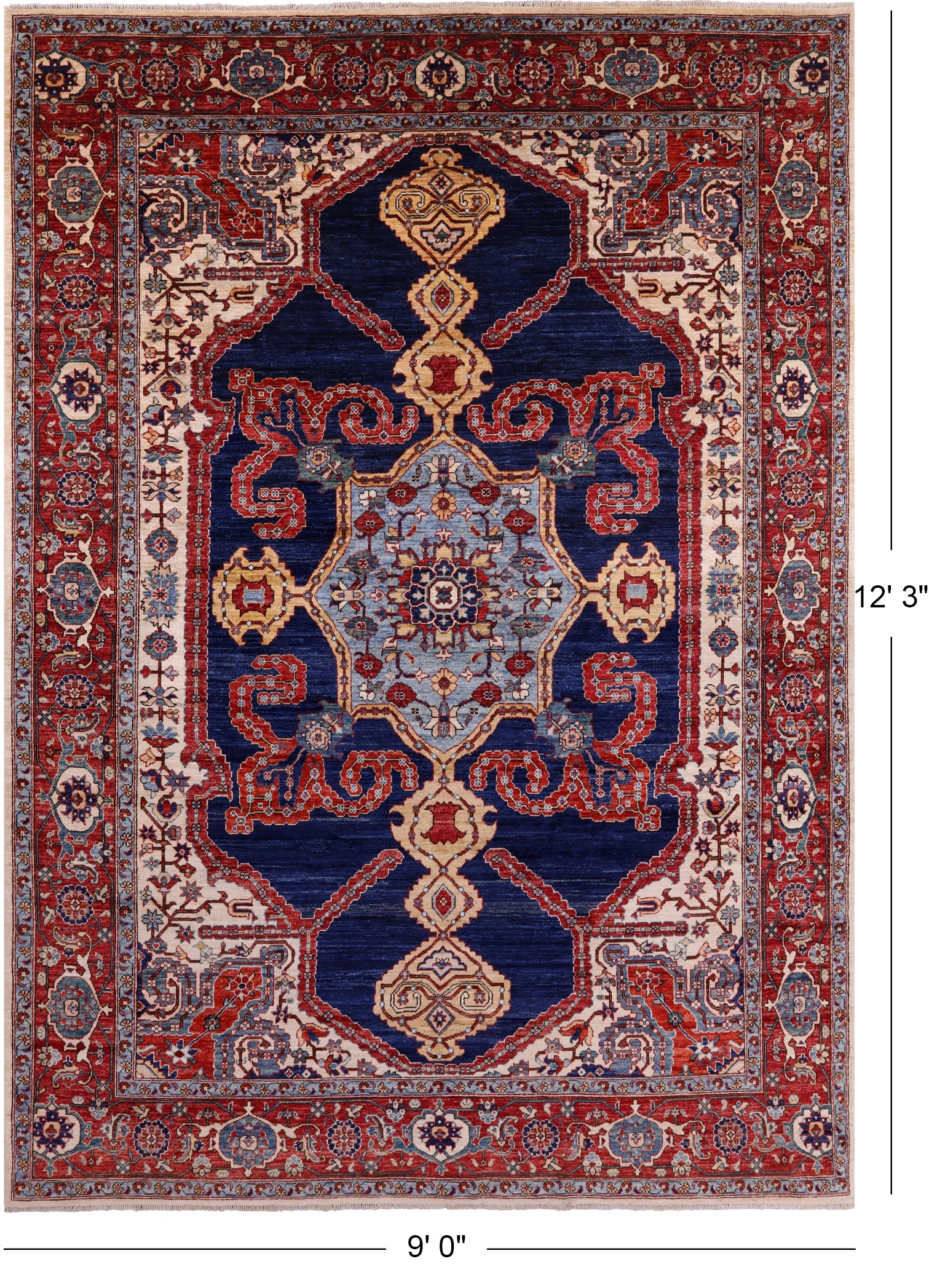 Blue Persian Fine Serapi Hand Knotted Wool Rug - 9' 0" X 12' 3" - Golden Nile