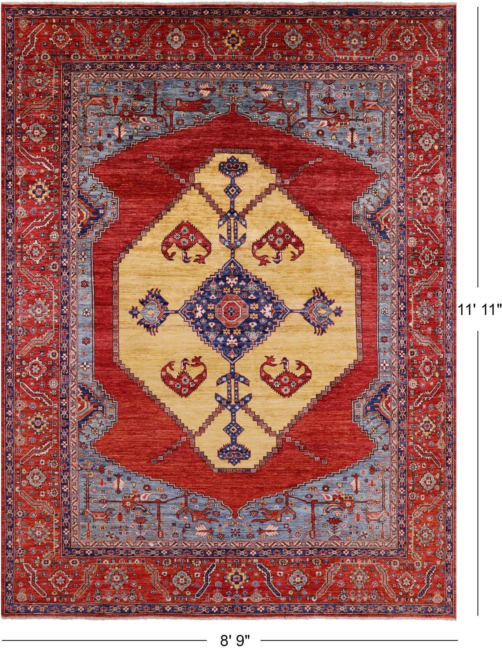 Rust Persian Fine Serapi Hand Knotted Wool Rug - 8' 9" X 11' 11" - Golden Nile