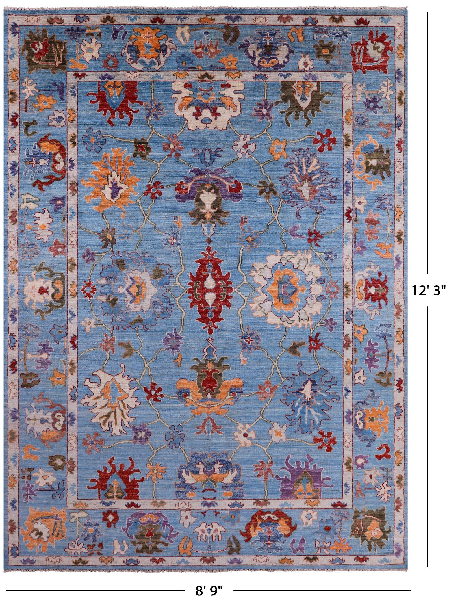Blue Turkish Oushak Hand Knotted Wool Rug - 8' 9" X 12' 3" - Golden Nile