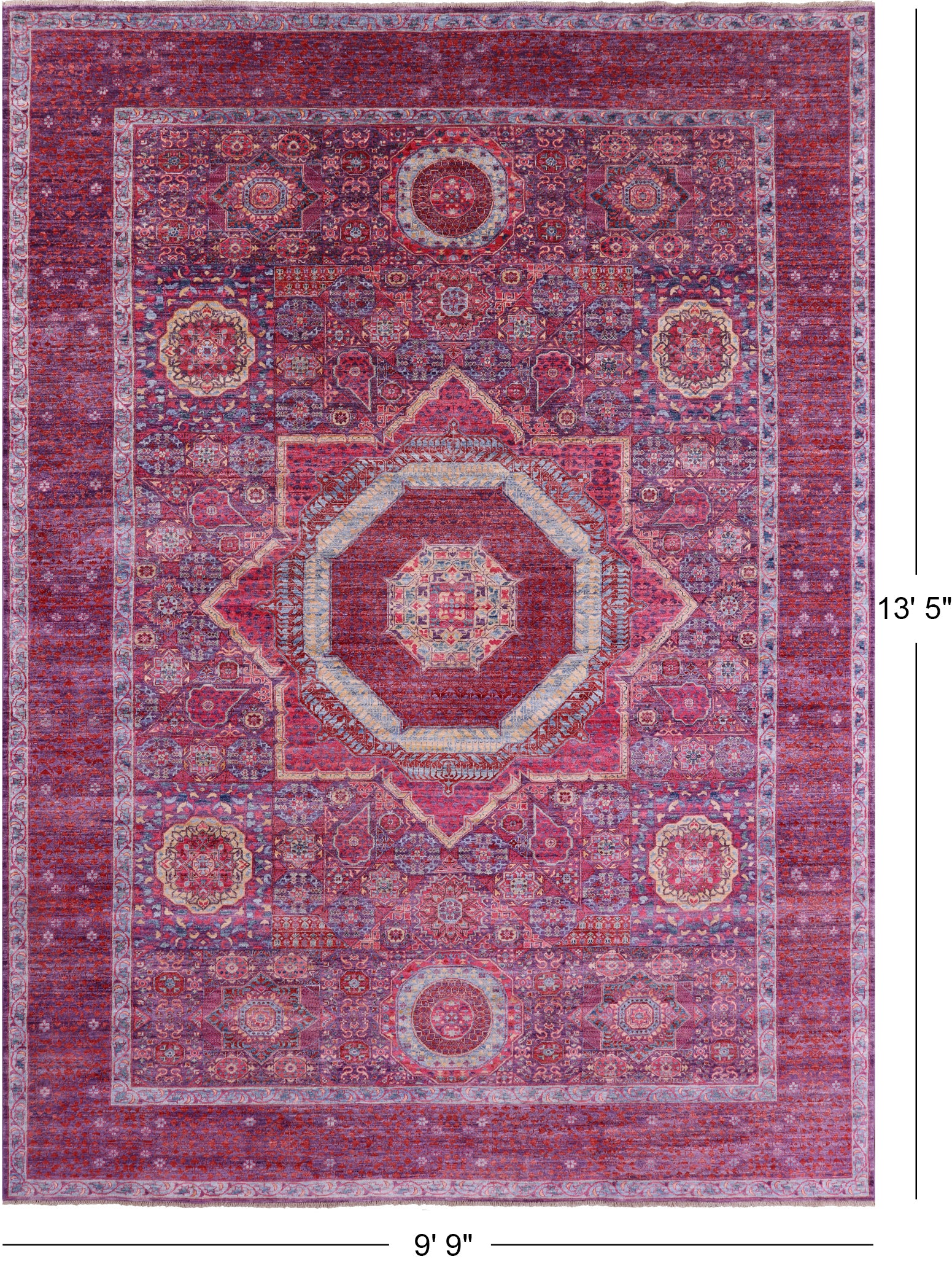Purple Geometric Persian Mamluk Hand Knotted Wool Rug - 9' 9" X 13' 5" - Golden Nile
