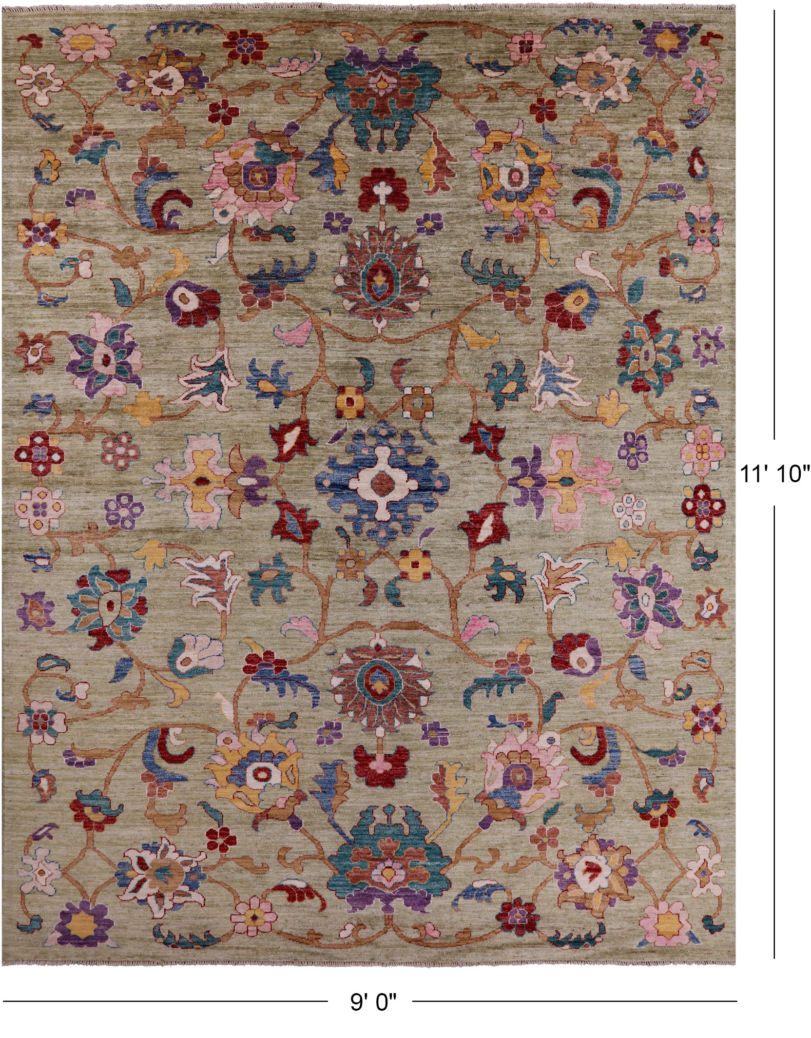 Green Turkish Oushak Hand Knotted Wool Rug - 9' 0" X 11' 10" - Golden Nile
