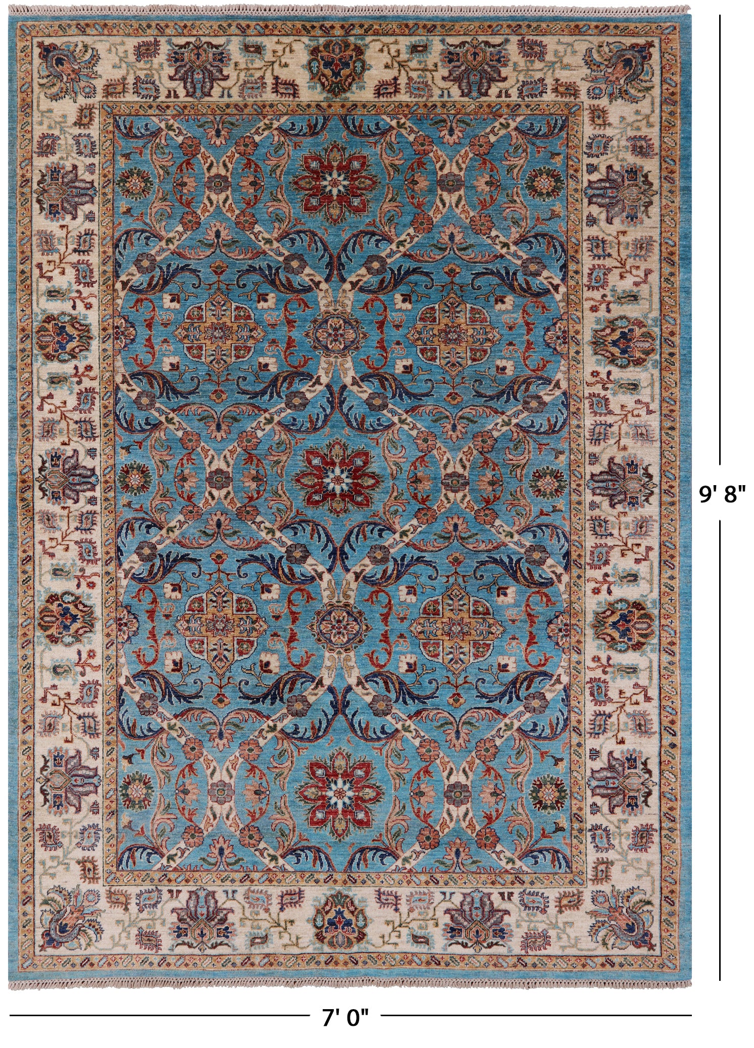 Blue Peshawar Hand Knotted Wool Rug - 7' 0" X 9' 8" - Golden Nile
