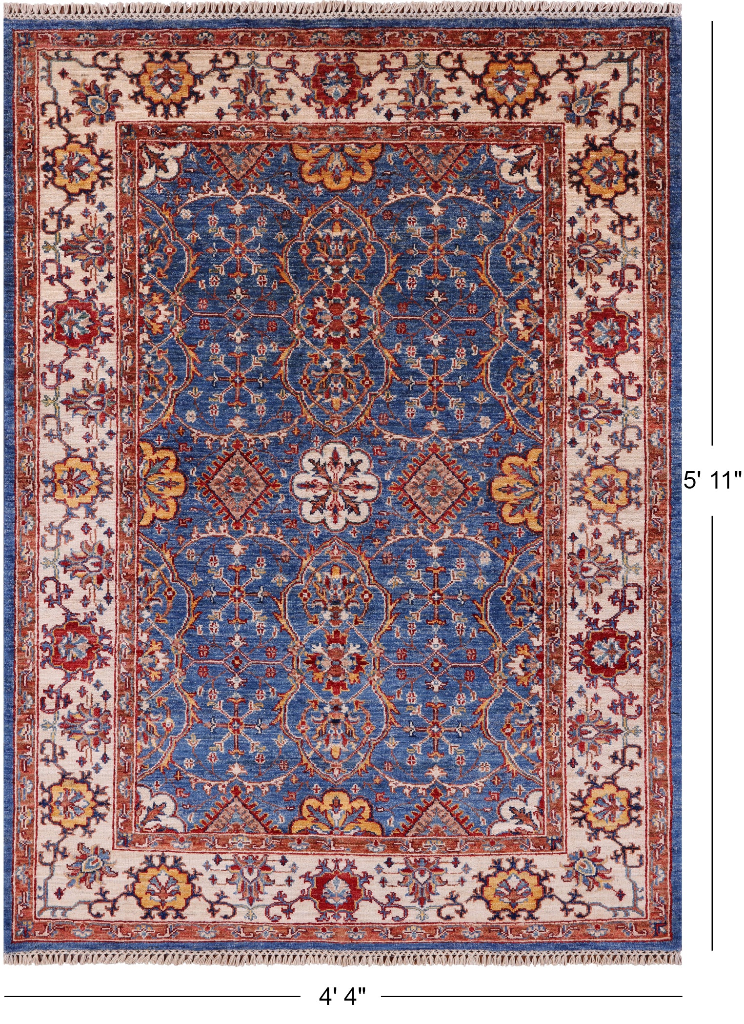 Blue Peshawar Hand Knotted Wool Rug - 4' 4" X 5' 11" - Golden Nile