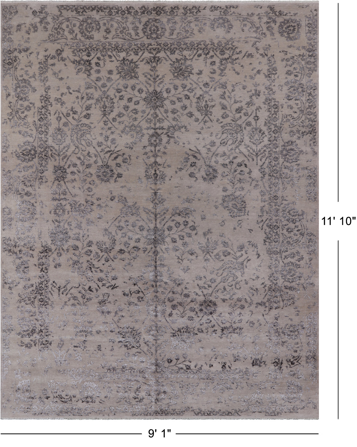 Grey Modern Hand Knotted Wool & Silk Rug - 9' 1" X 11' 10"