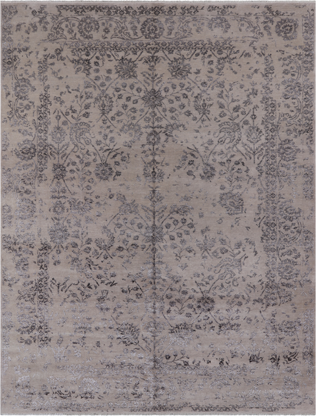 Grey Modern Hand Knotted Wool & Silk Rug - 9' 1" X 11' 10"