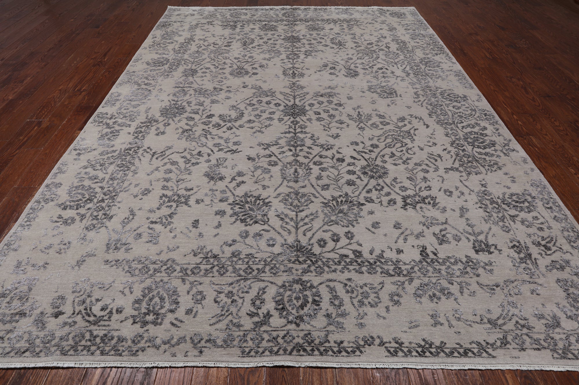 Grey Modern Hand Knotted Wool & Silk Rug - 9' 1" X 11' 10"