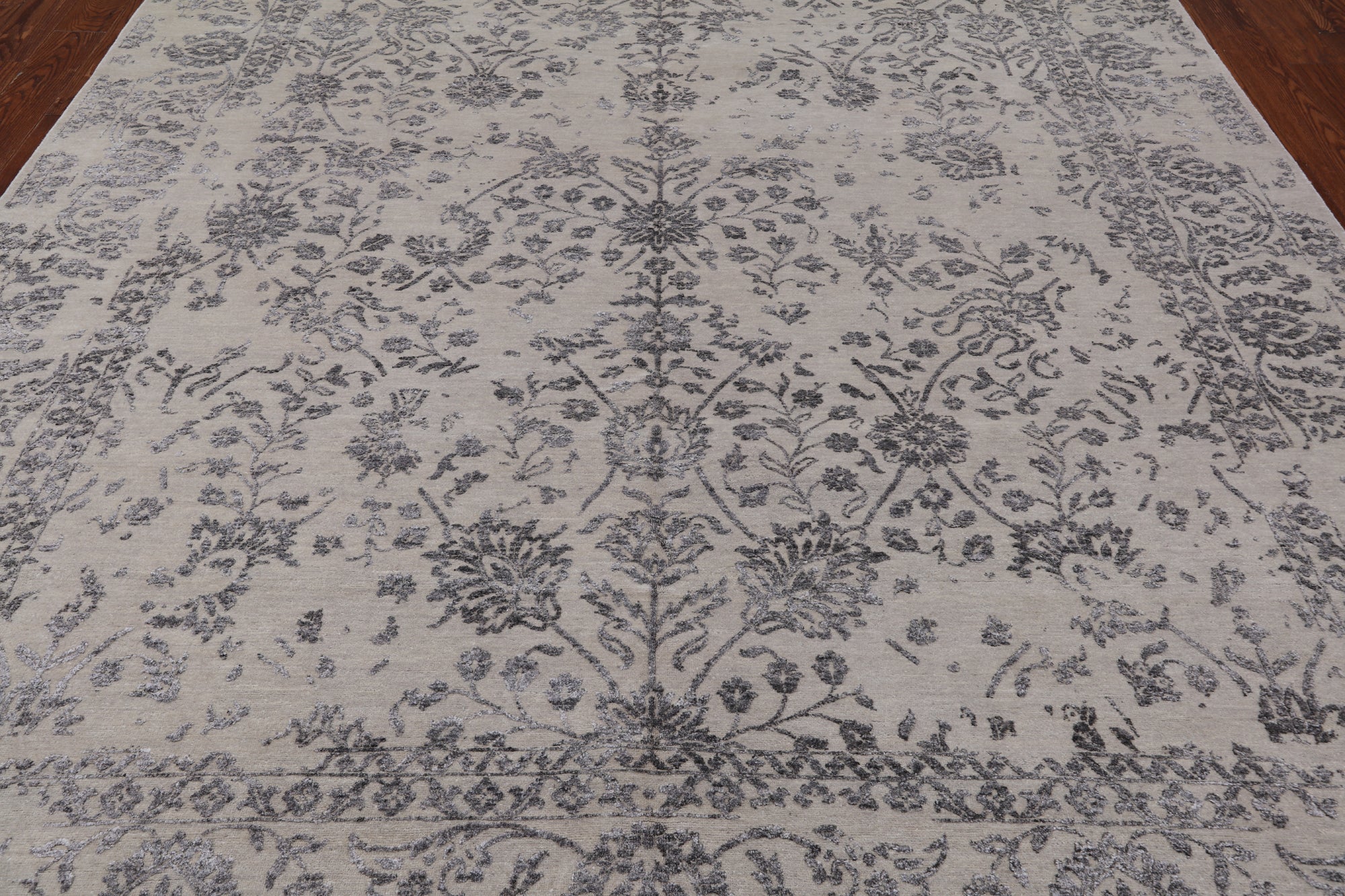 Grey Modern Hand Knotted Wool & Silk Rug - 9' 1" X 11' 10"