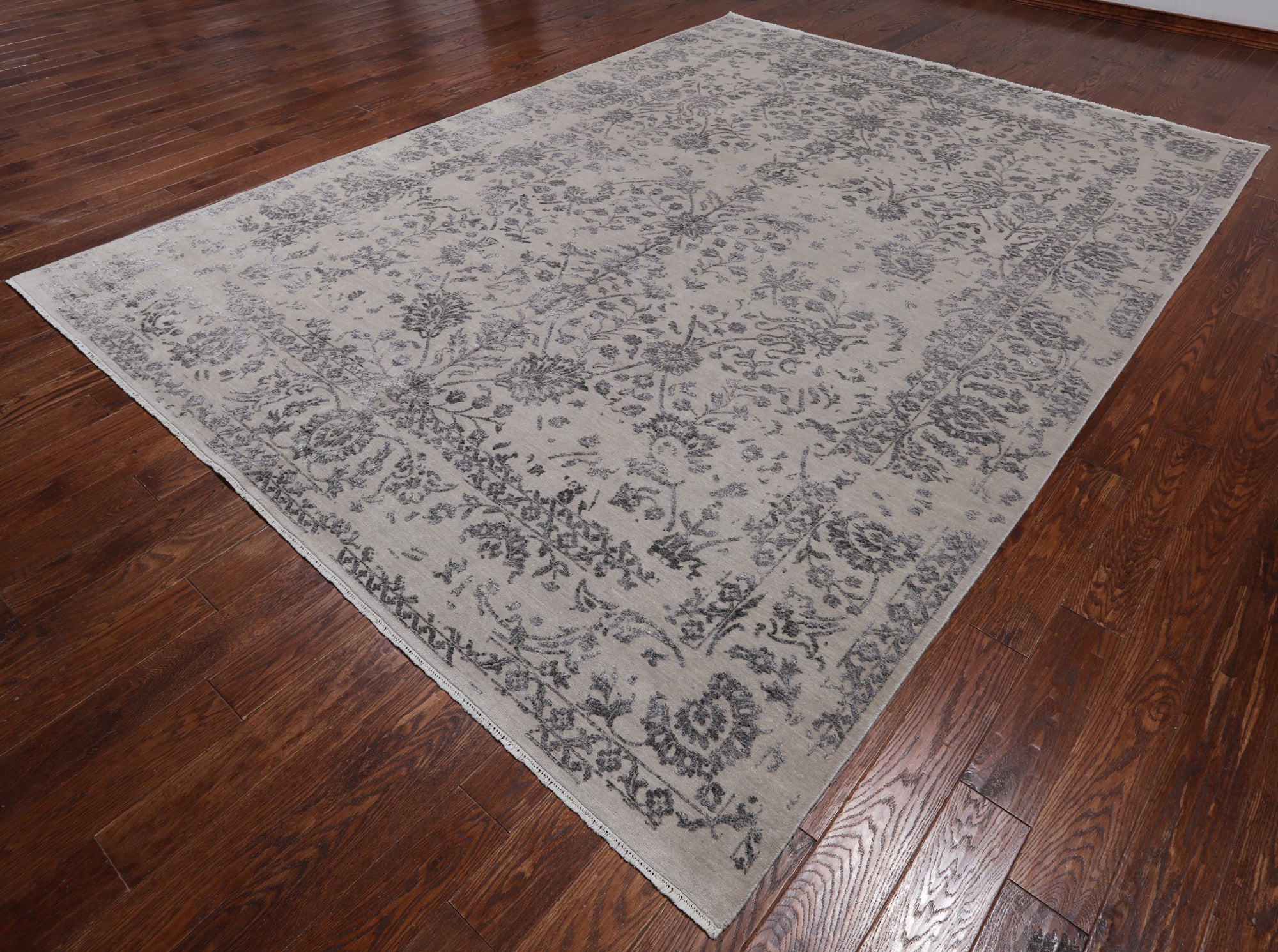 Grey Modern Hand Knotted Wool & Silk Rug - 9' 1" X 11' 10"