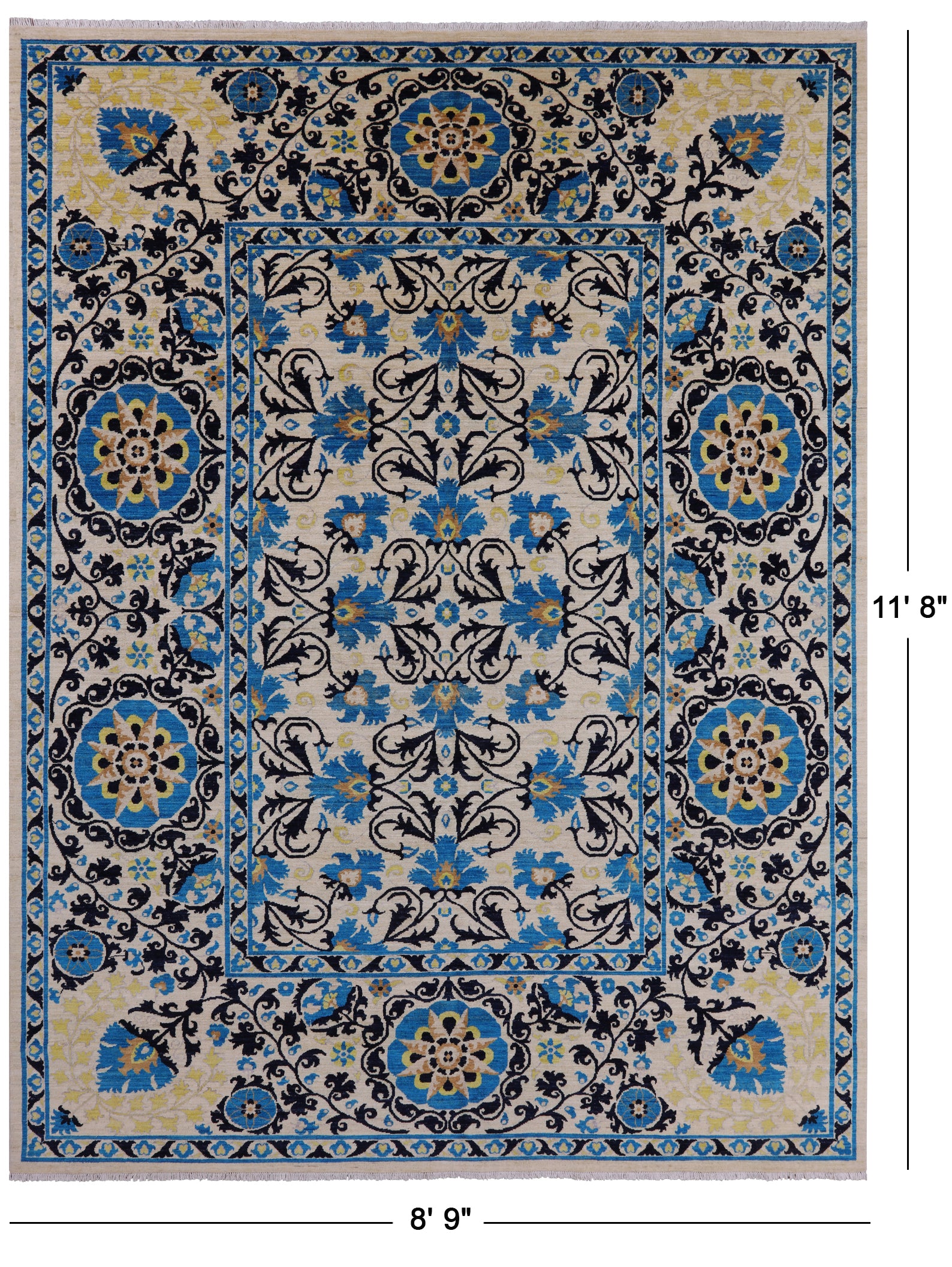 Ivory William Morris Hand Knotted Wool Rug - 8' 9" X 11' 8" - Golden Nile