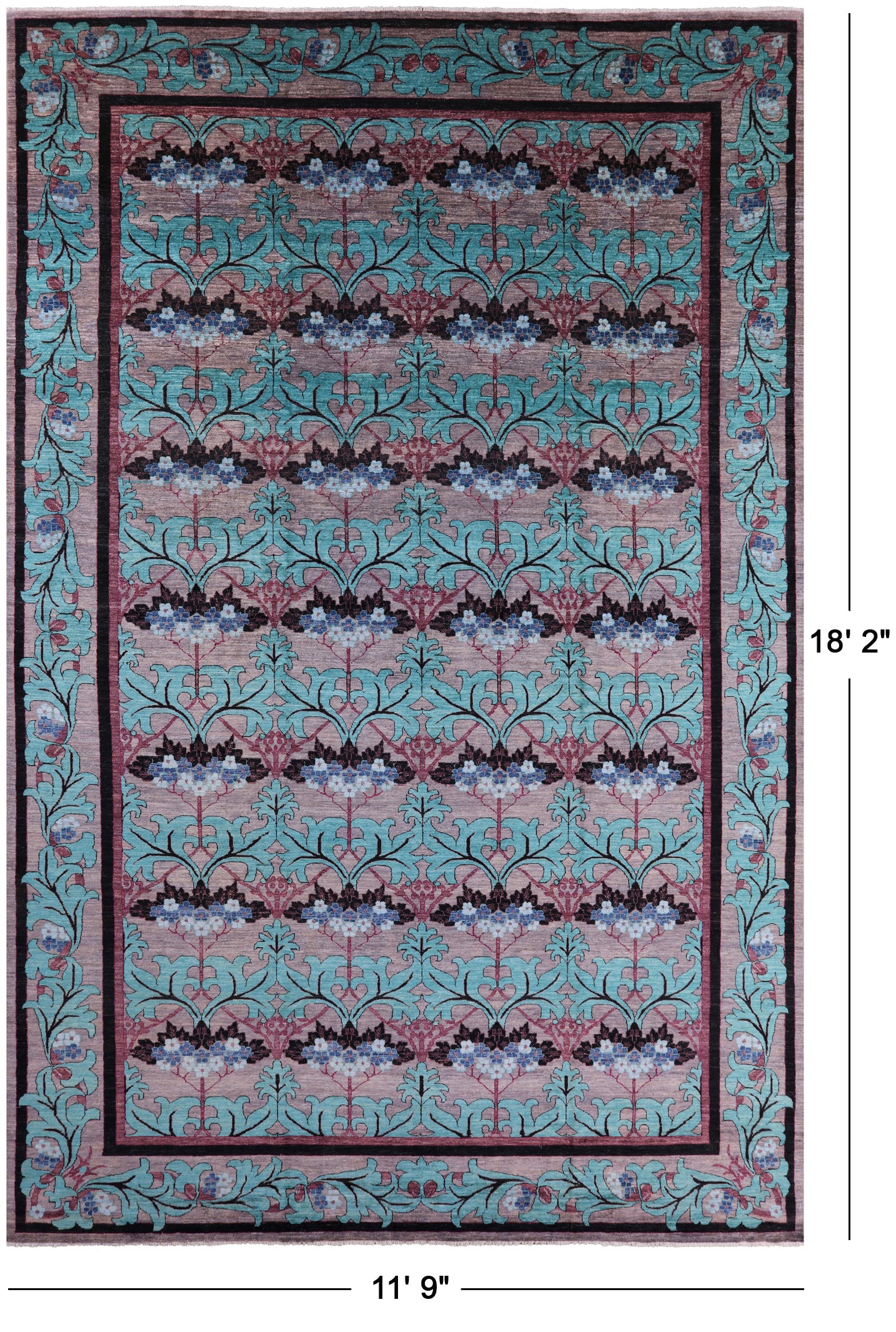 Grey William Morris Hand Knotted Wool Rug - 11' 9" X 18' 2" - Golden Nile