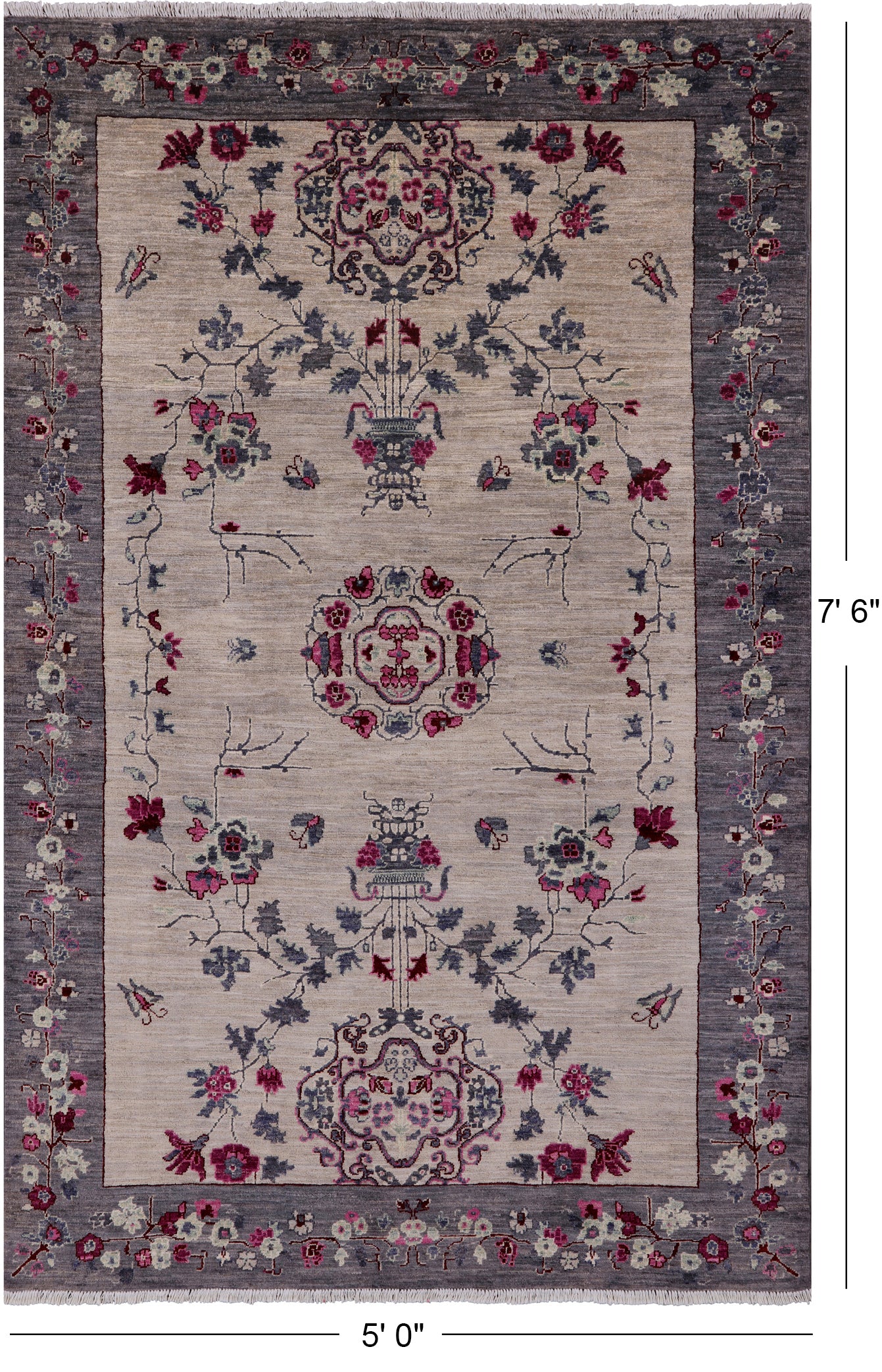 Ivory William Morris Hand Knotted Wool Rug - 5' 0" X 7' 6" - Golden Nile