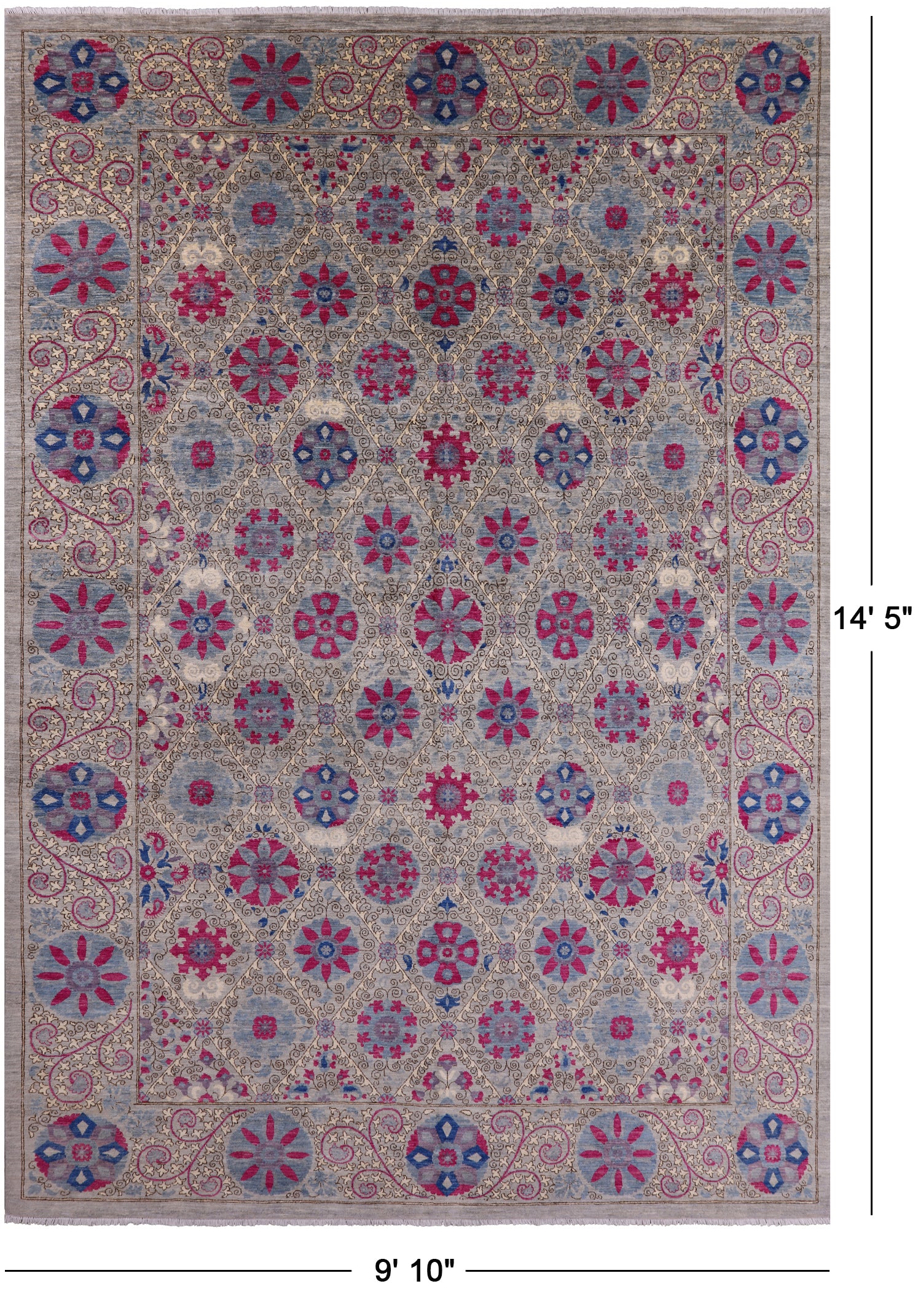 Grey William Morris Hand Knotted Wool Rug - 9' 10" X 14' 5" - Golden Nile
