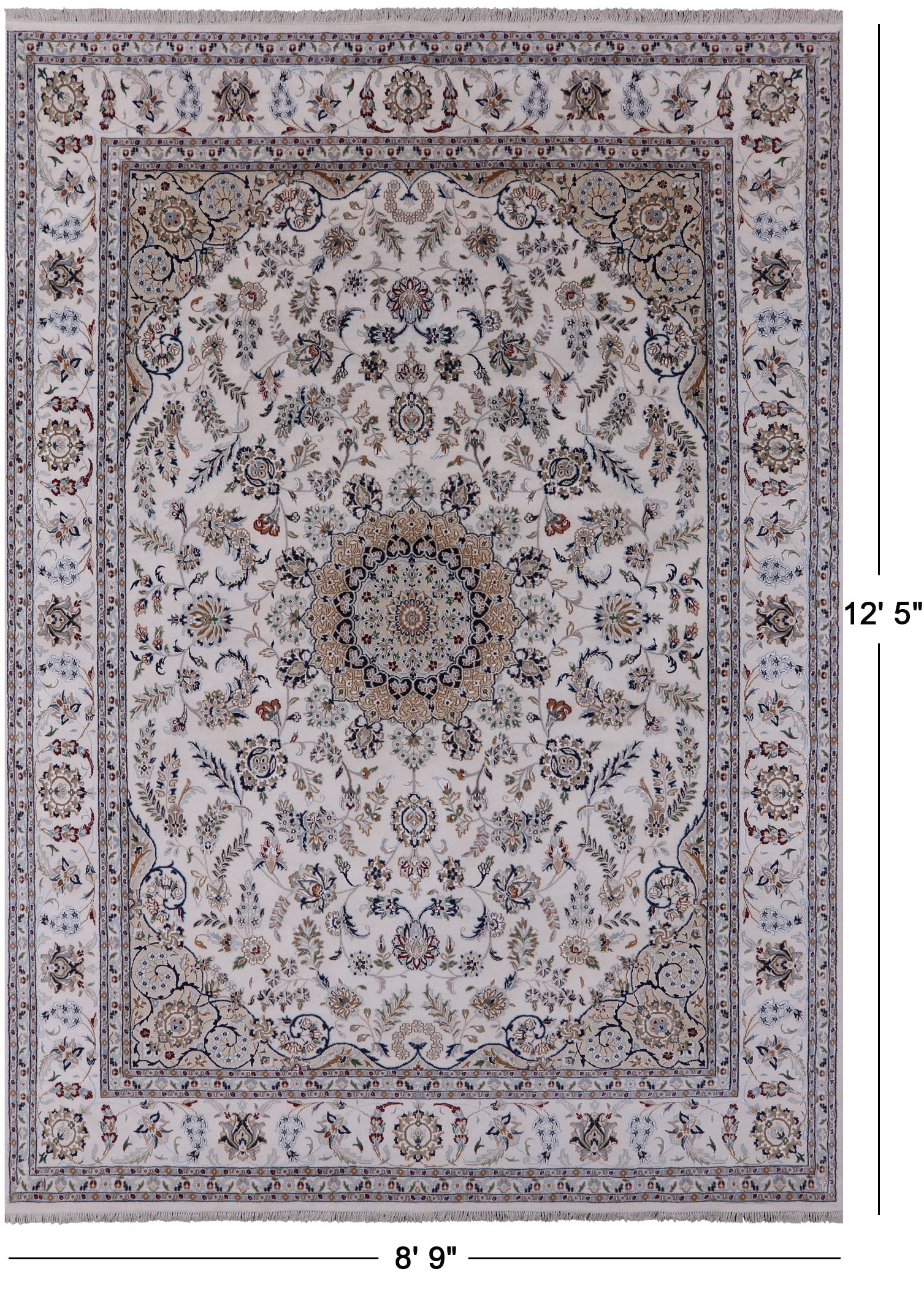 Ivory Persian Nain Hand Knotted Wool & Silk Rug - 8' 9" X 12' 5" - Golden Nile