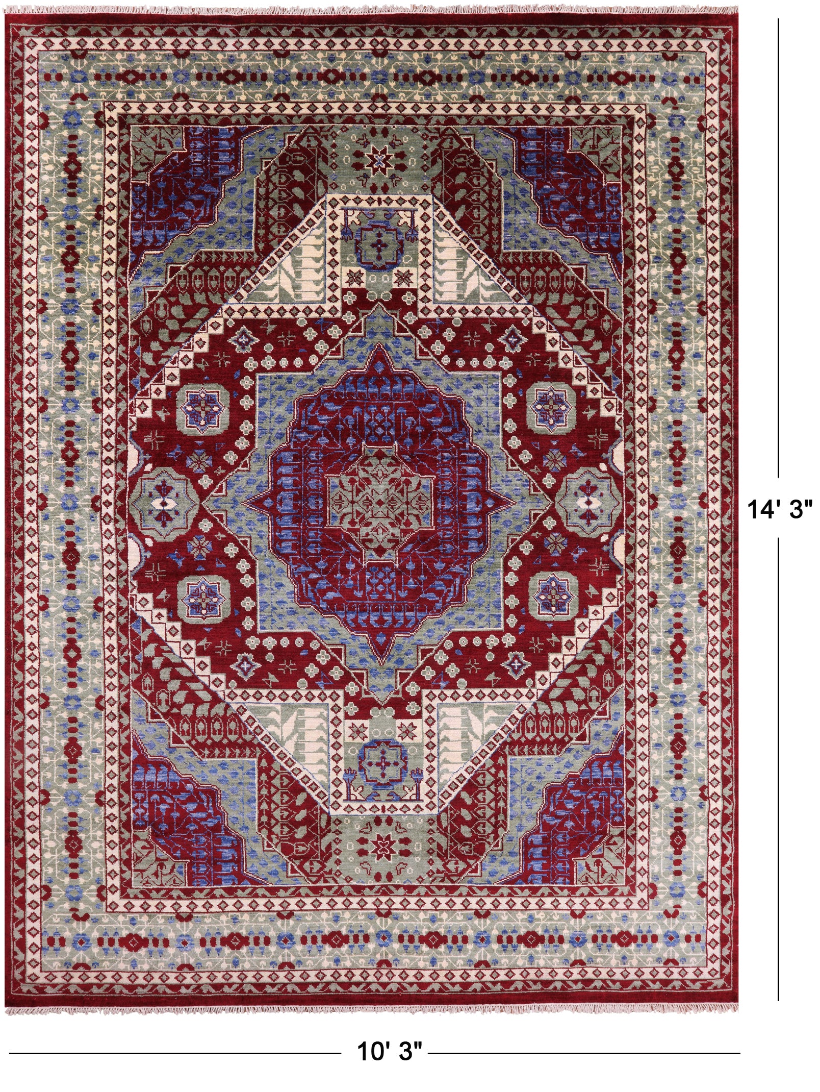 Red Geometric Persian Mamluk Hand Knotted Wool Rug - 10' 3" X 14' 3" - Golden Nile