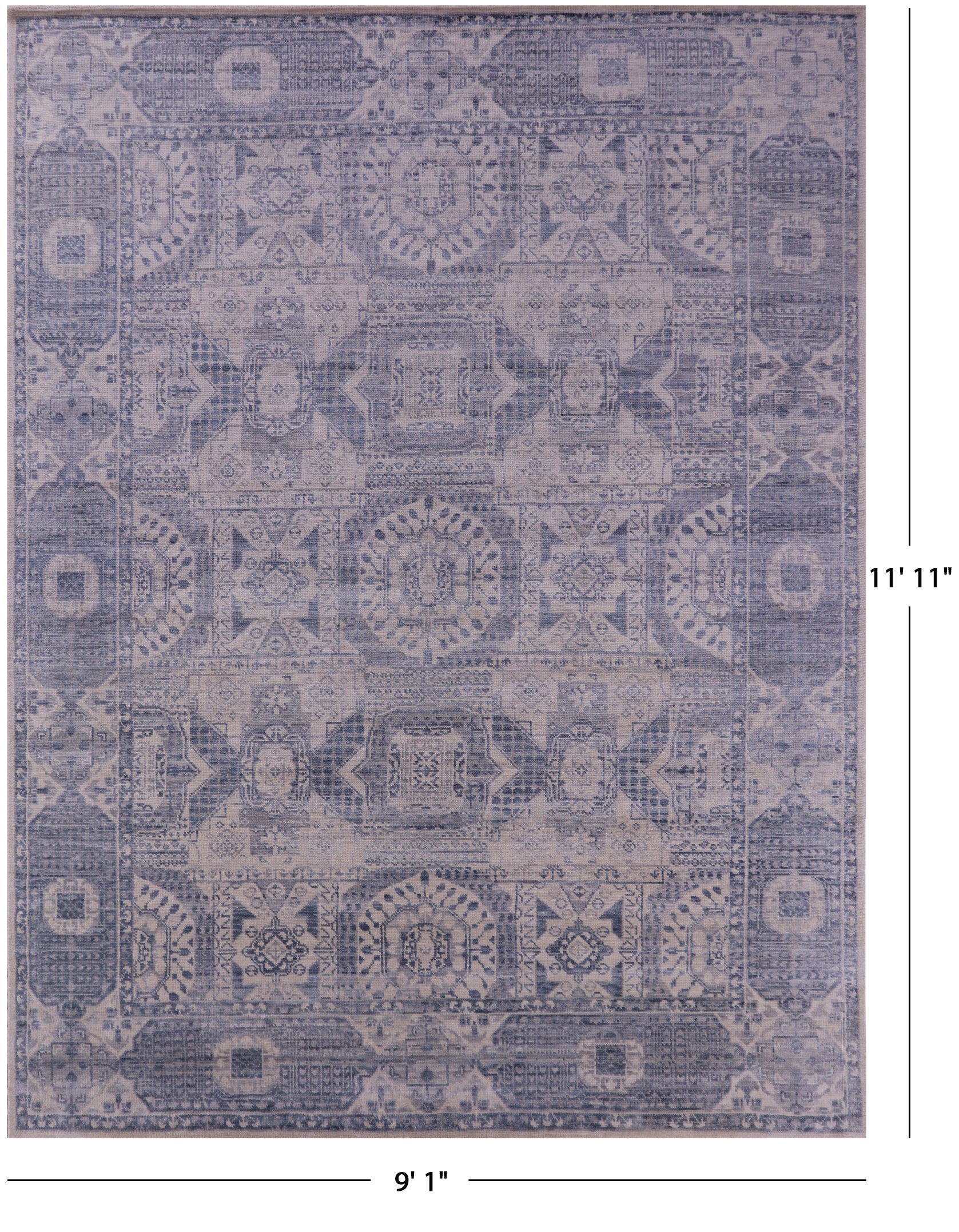 Ivory Geometric Persian Mamluk Handmade Wool Rug - 9' 1" X 11' 11" - Golden Nile