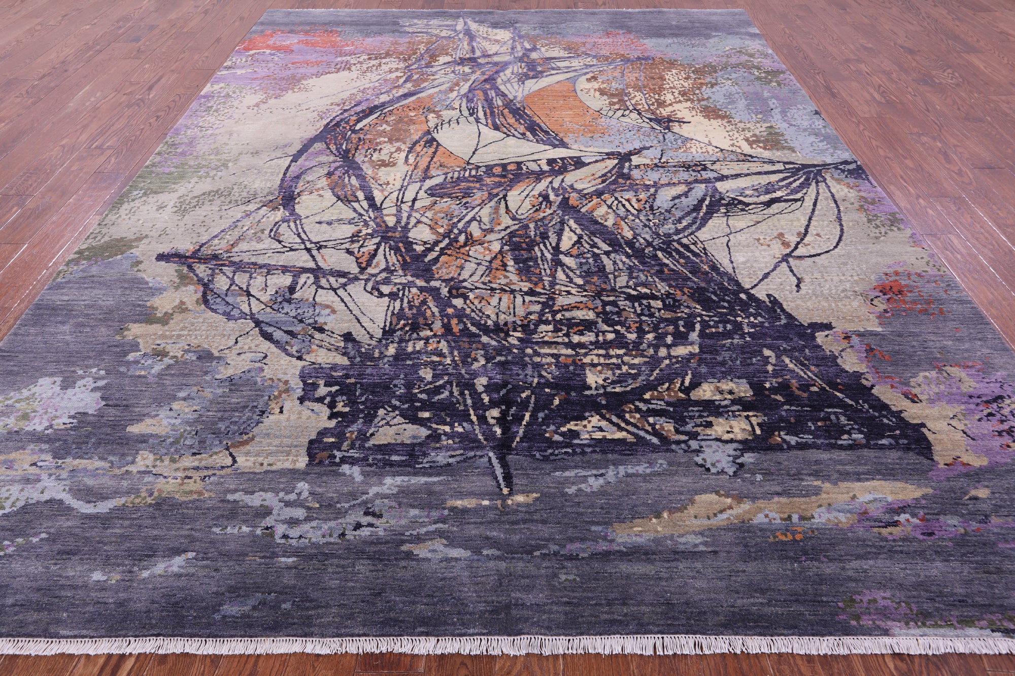 SUPER SALE Contemporary Sailing Ship Handmade Wool & Silk Rug - 9' 0" X 12' 0"