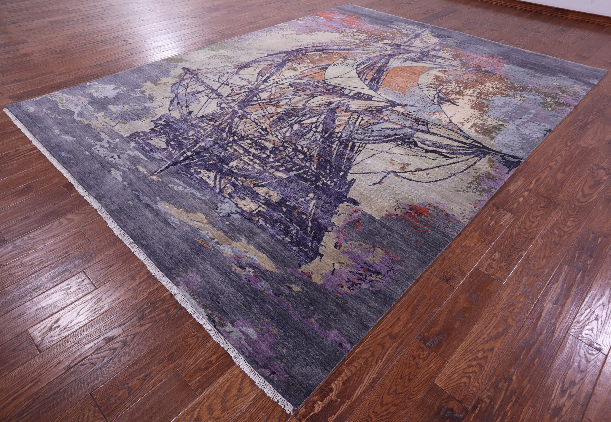 SUPER SALE Contemporary Sailing Ship Handmade Wool & Silk Rug - 9' 0" X 12' 0"